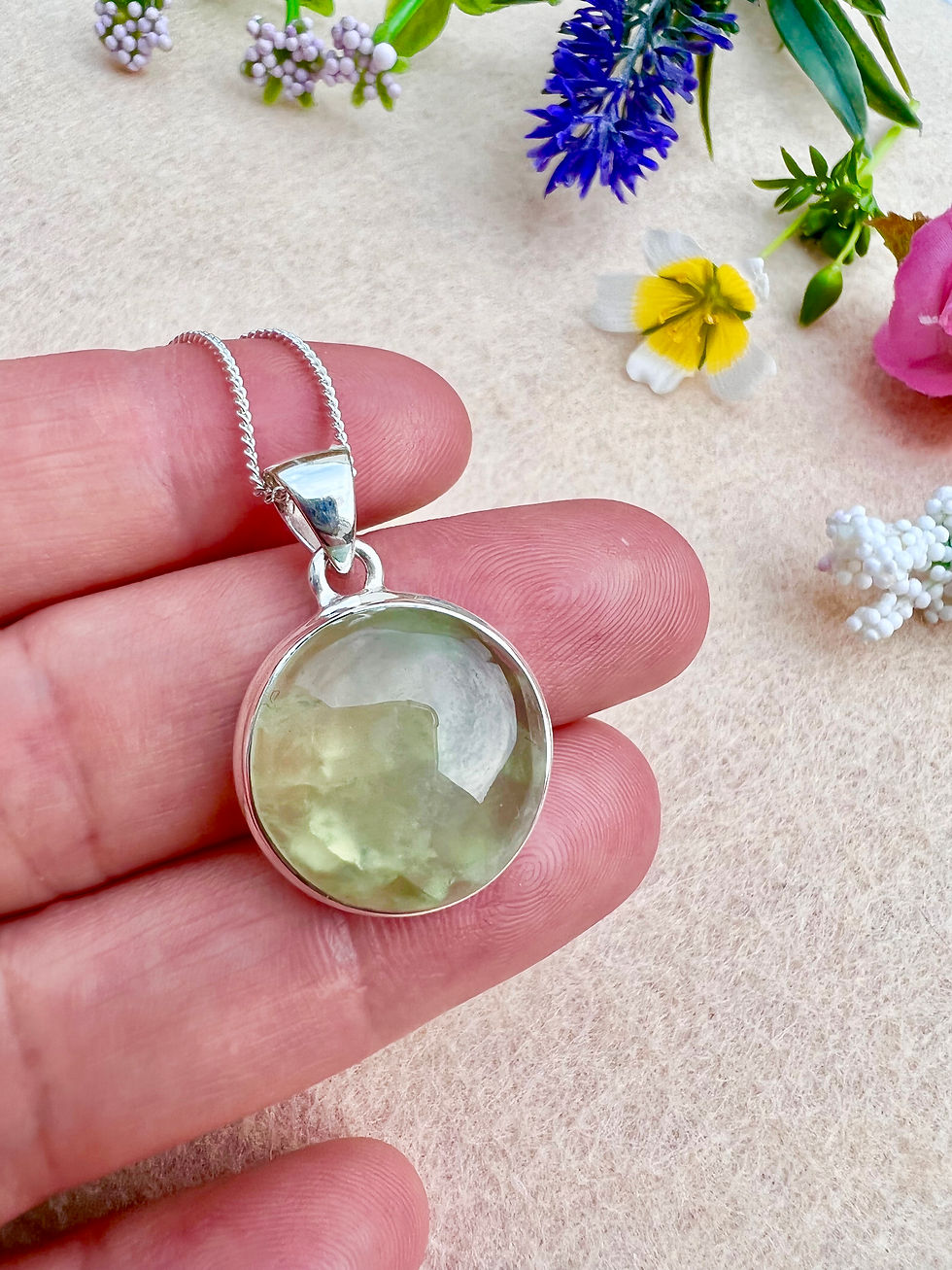 Thumbnail: Australian Prehnite set in Silver Necklace