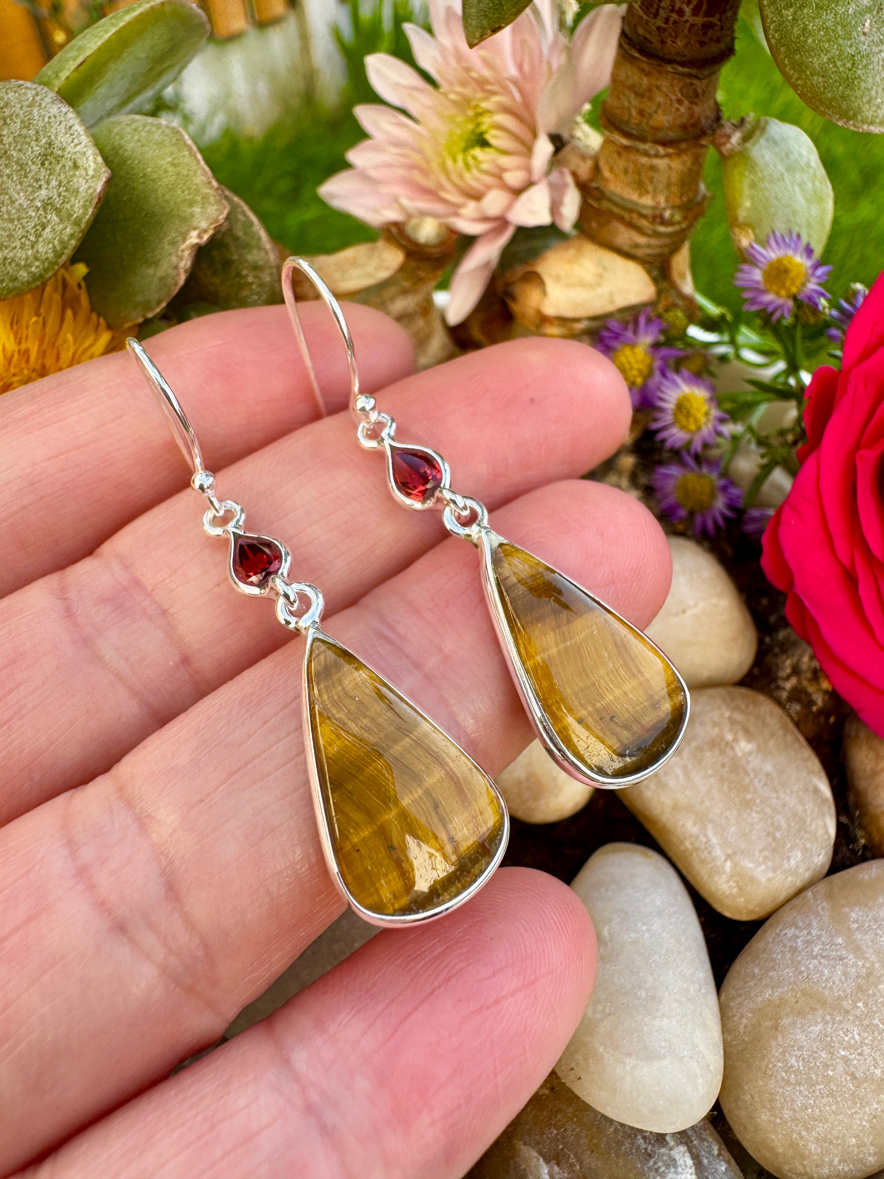 Handmade long drop Tiger Eye & Garnet Sterling Silver Earrings