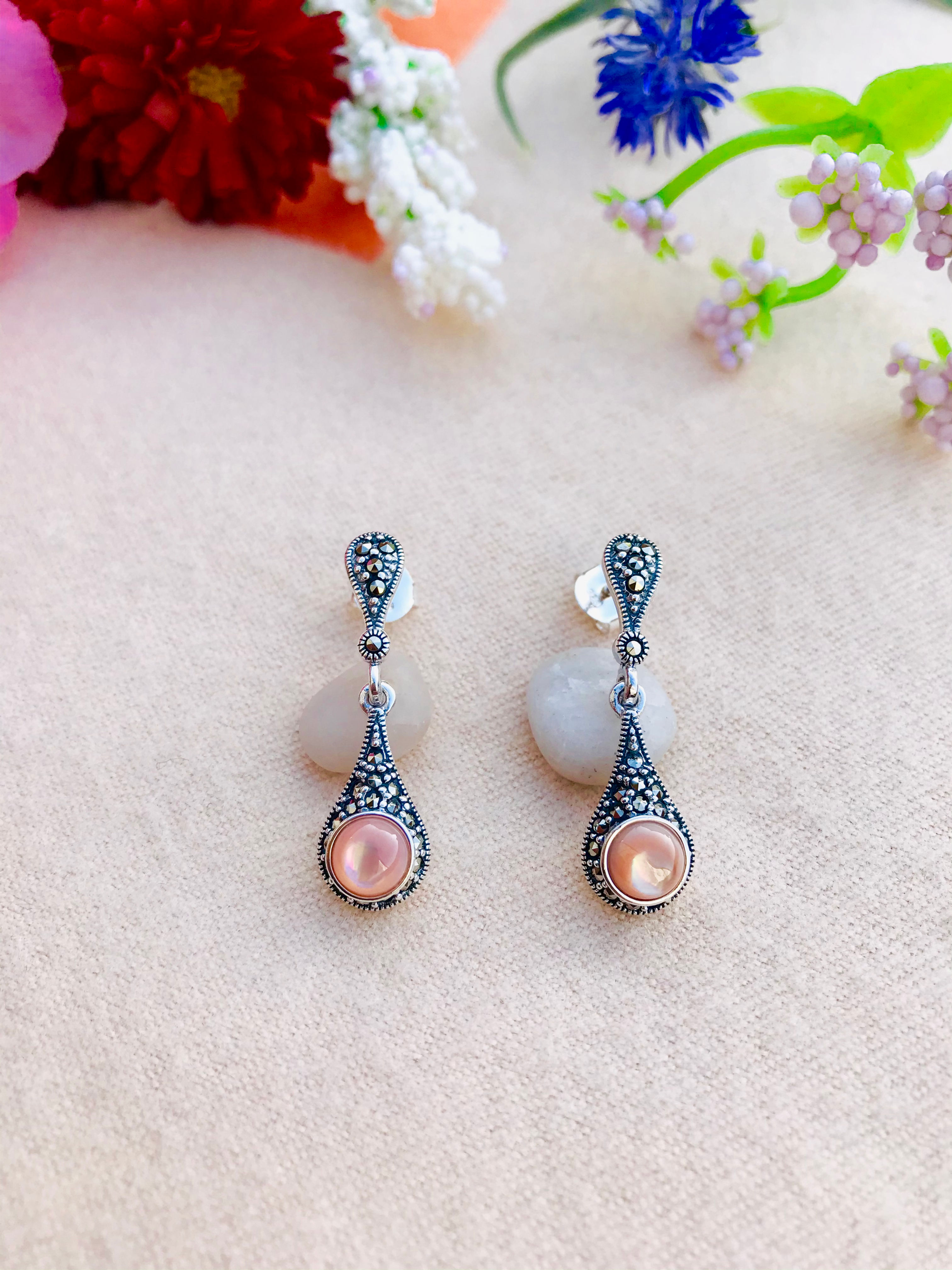 Pink Mother of Pearl with Marcasite Silver Earrings