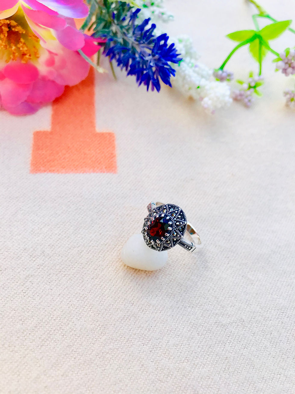 Thumbnail: African Garnet Marcasite Silver Ring