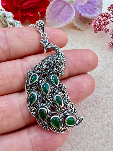 Peacock Marcasite Pendant Necklace Shop LC Blue Lapis Lazuli