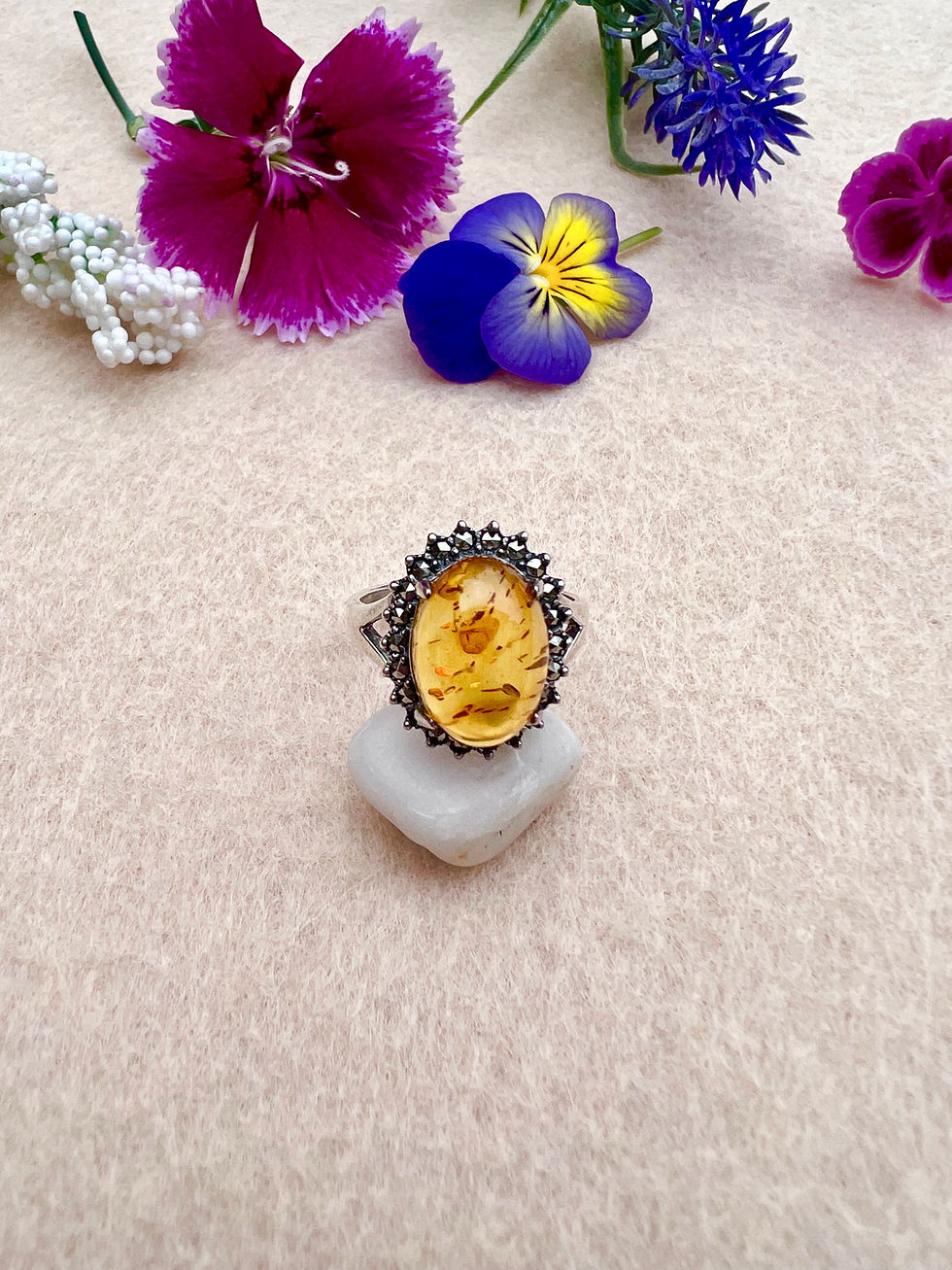 Thumbnail: Baltic Amber Marcasite Silver Ring