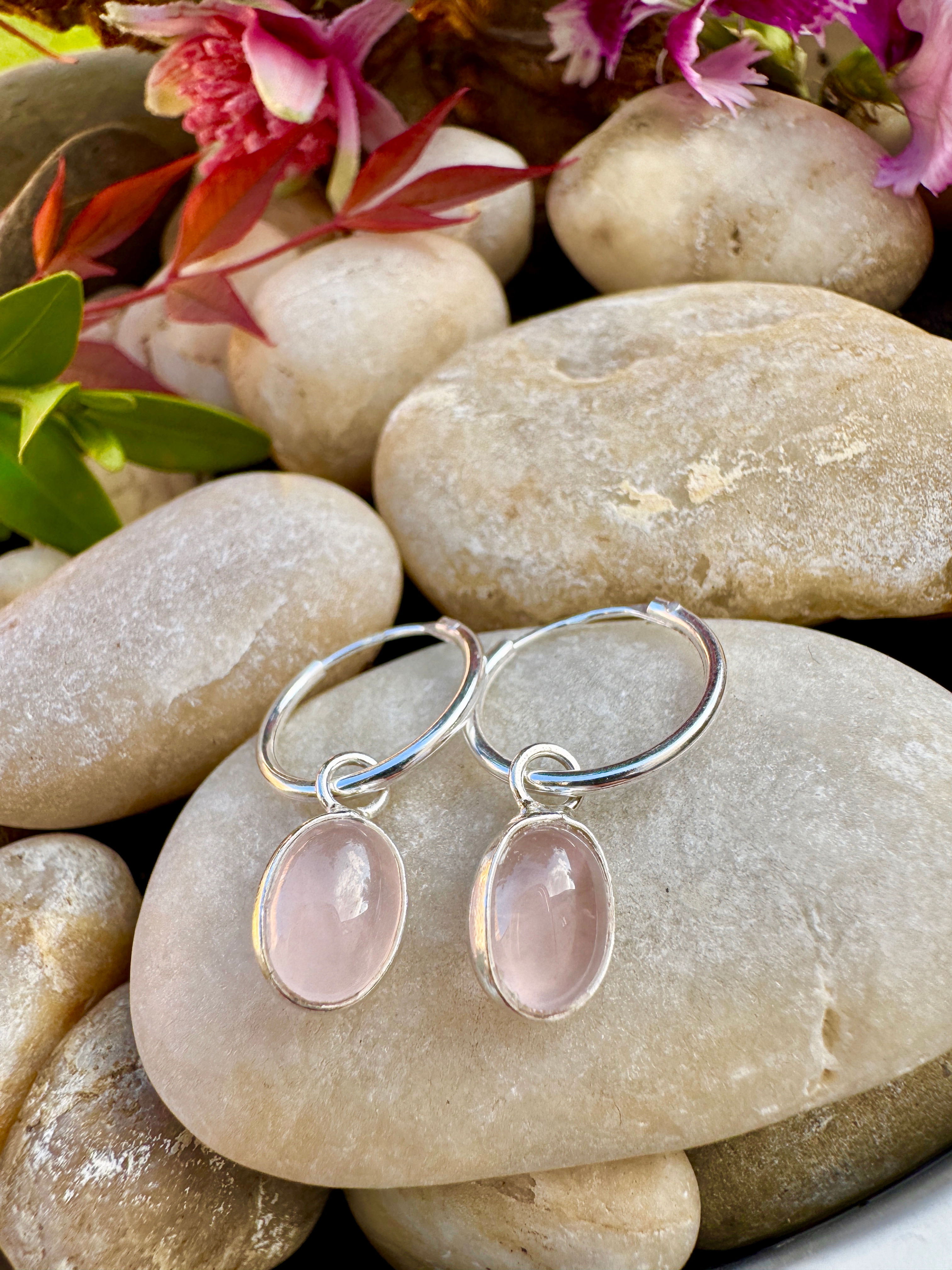 Rose Quartz Dangling Sterling Silver Hoop Earrings