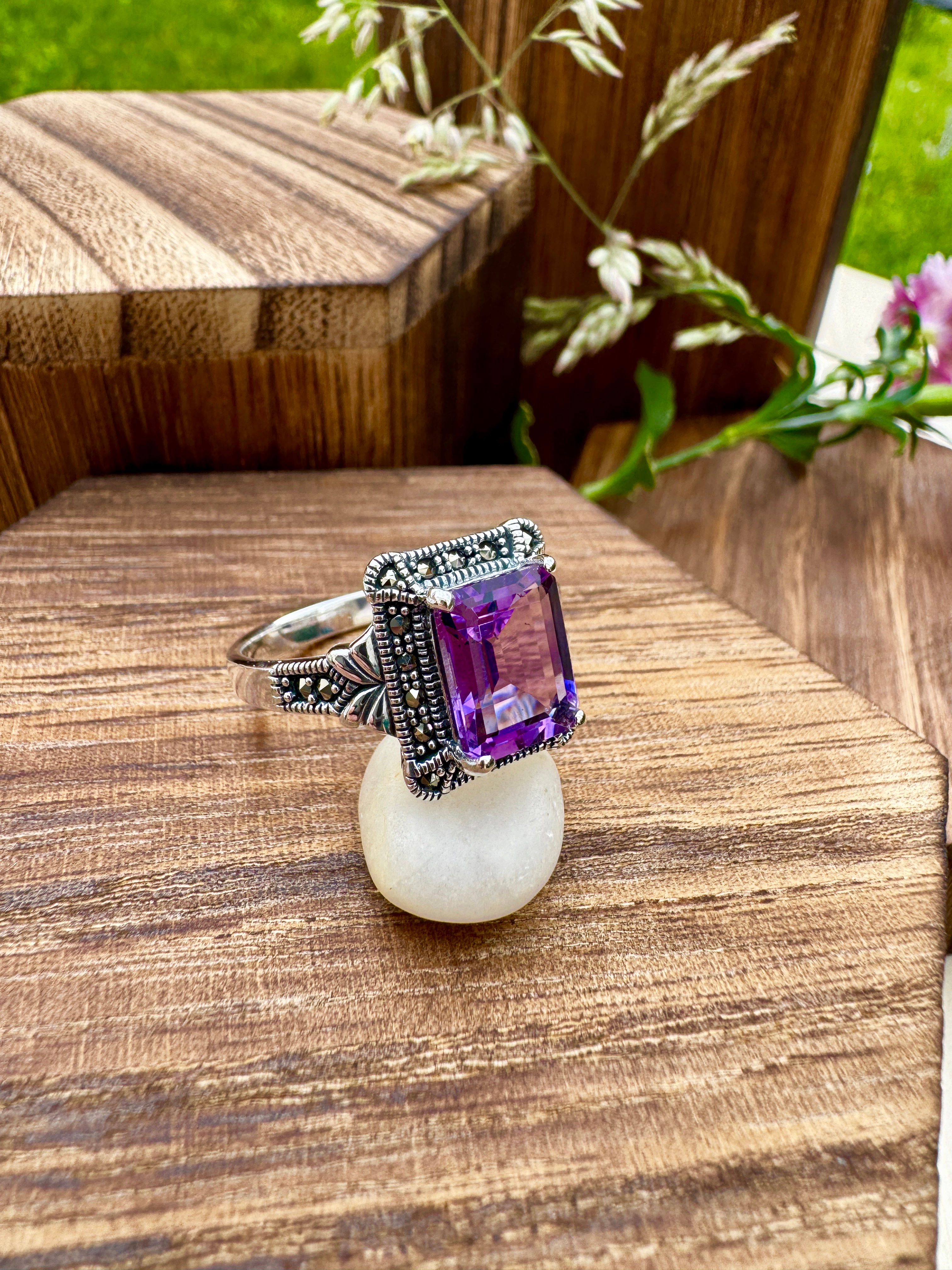 Large Brazilian Amethyst Sterling Silver Marcasite Ring, Vintage marcasite ring