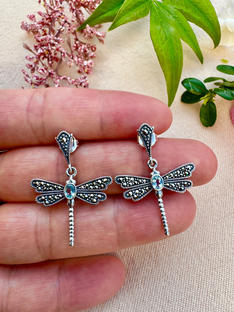 Thumbnail: Blue Topaz Sterling Silver Marcasite Dragonfly Earrings,handmade, ireland base, fast delivery