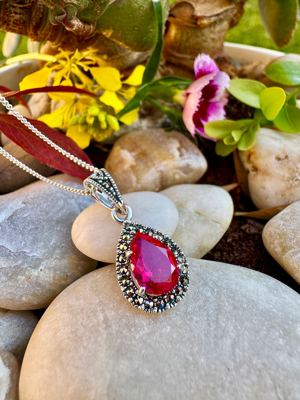 Thumbnail: Ruby  Marcasite Halo Sterling Silver Necklace