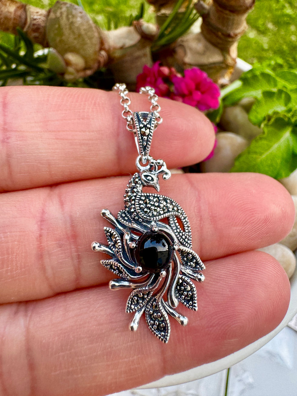 Thumbnail: Black Onyx Peacock Marcasite Sterling Silver Necklace