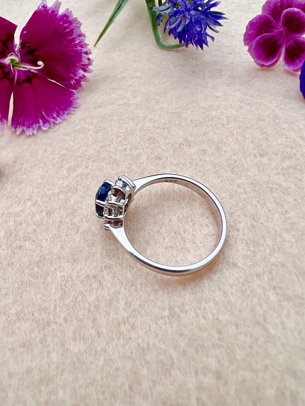 Thumbnail: Semi Precious Sapphire Halo Silver Ring