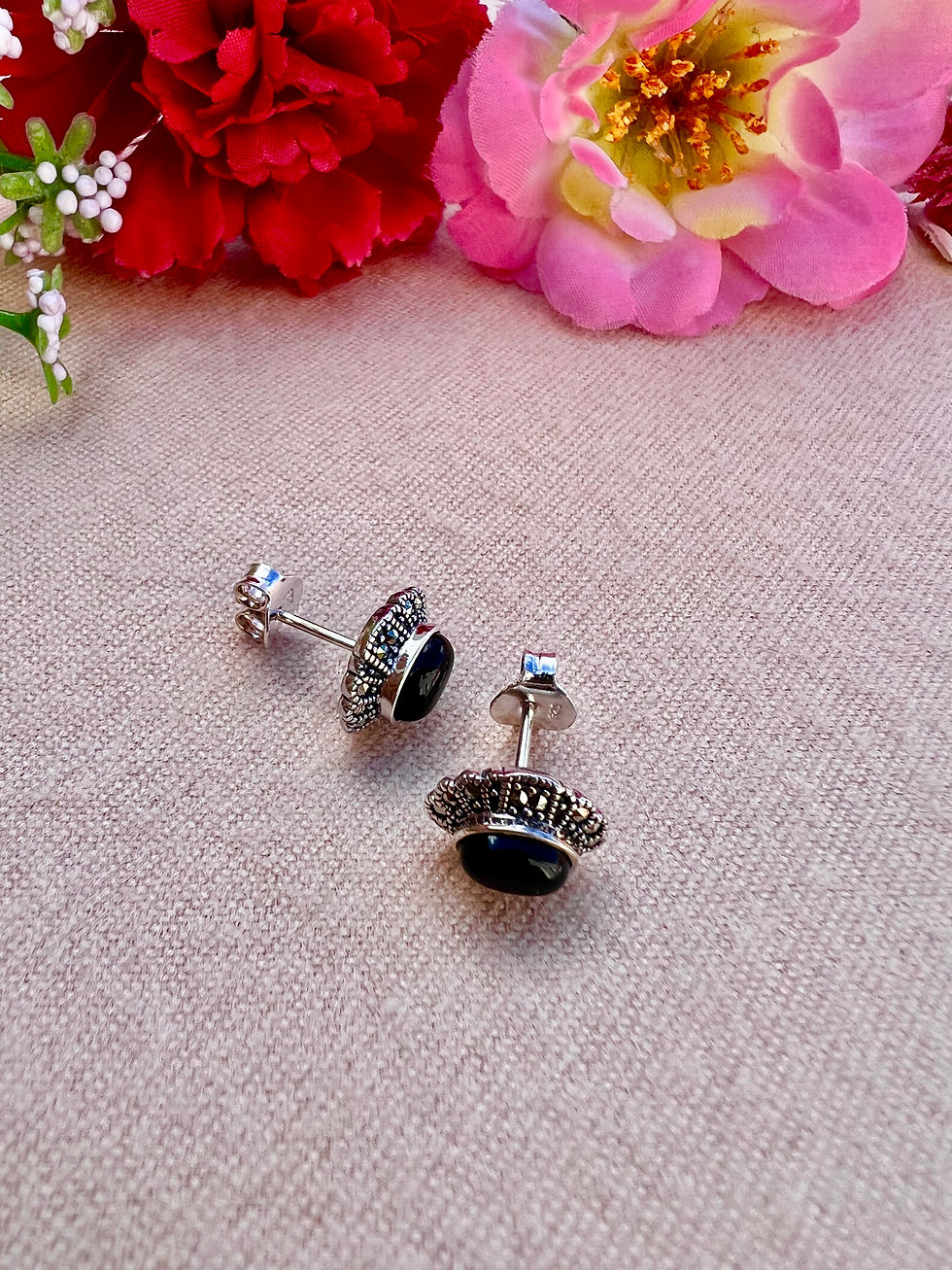 Thumbnail: Black Onyx Sterling Silver Marcasite Stud Earrings