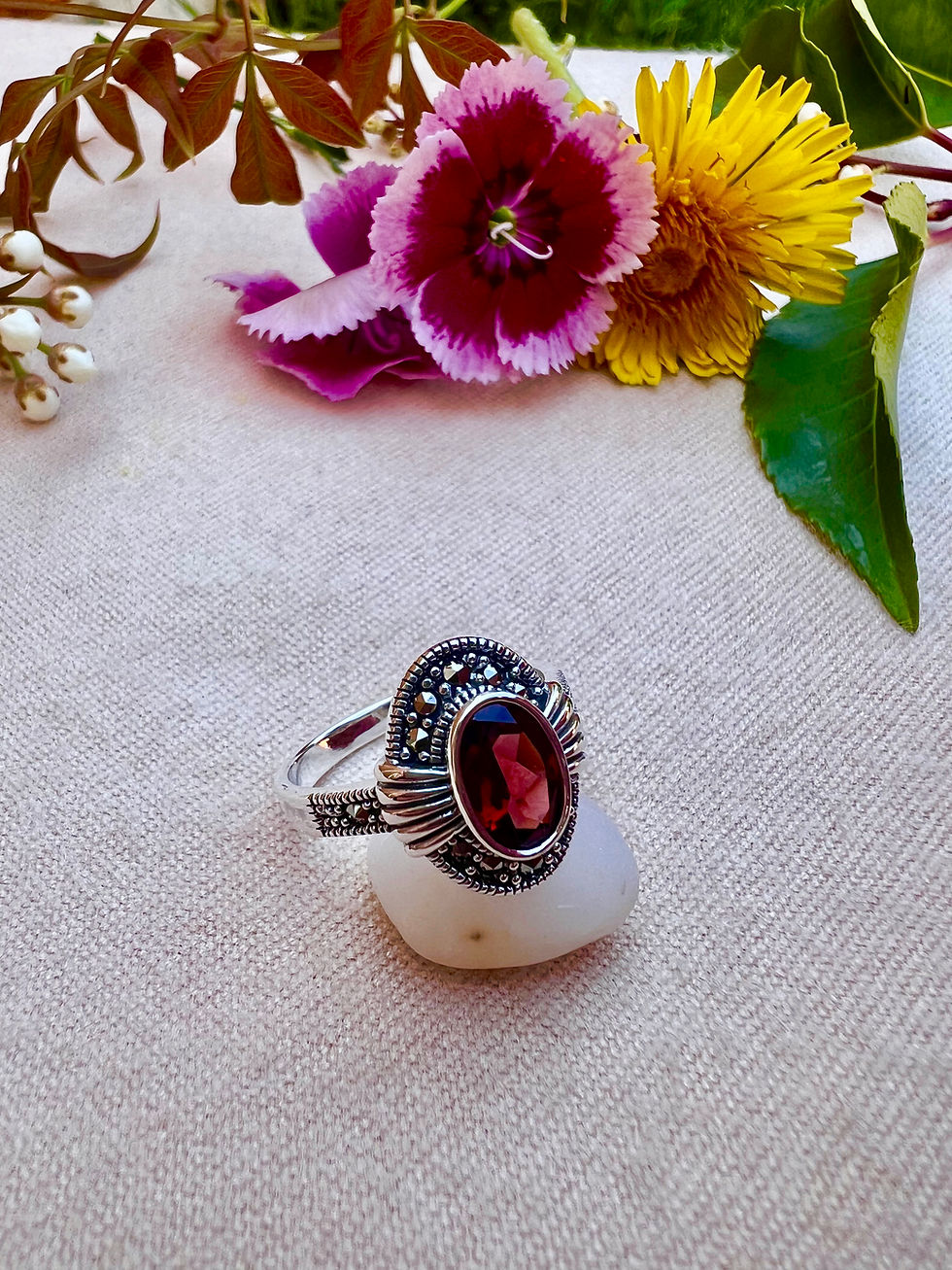 Thumbnail: African Garnet Marcasite Sterling Silver Ring