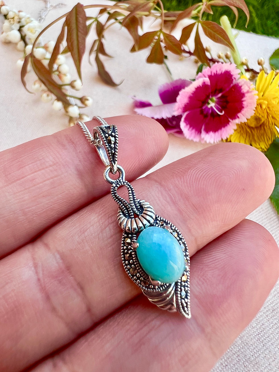 Thumbnail: Amazonite Sterling Silver Marcasite Necklace