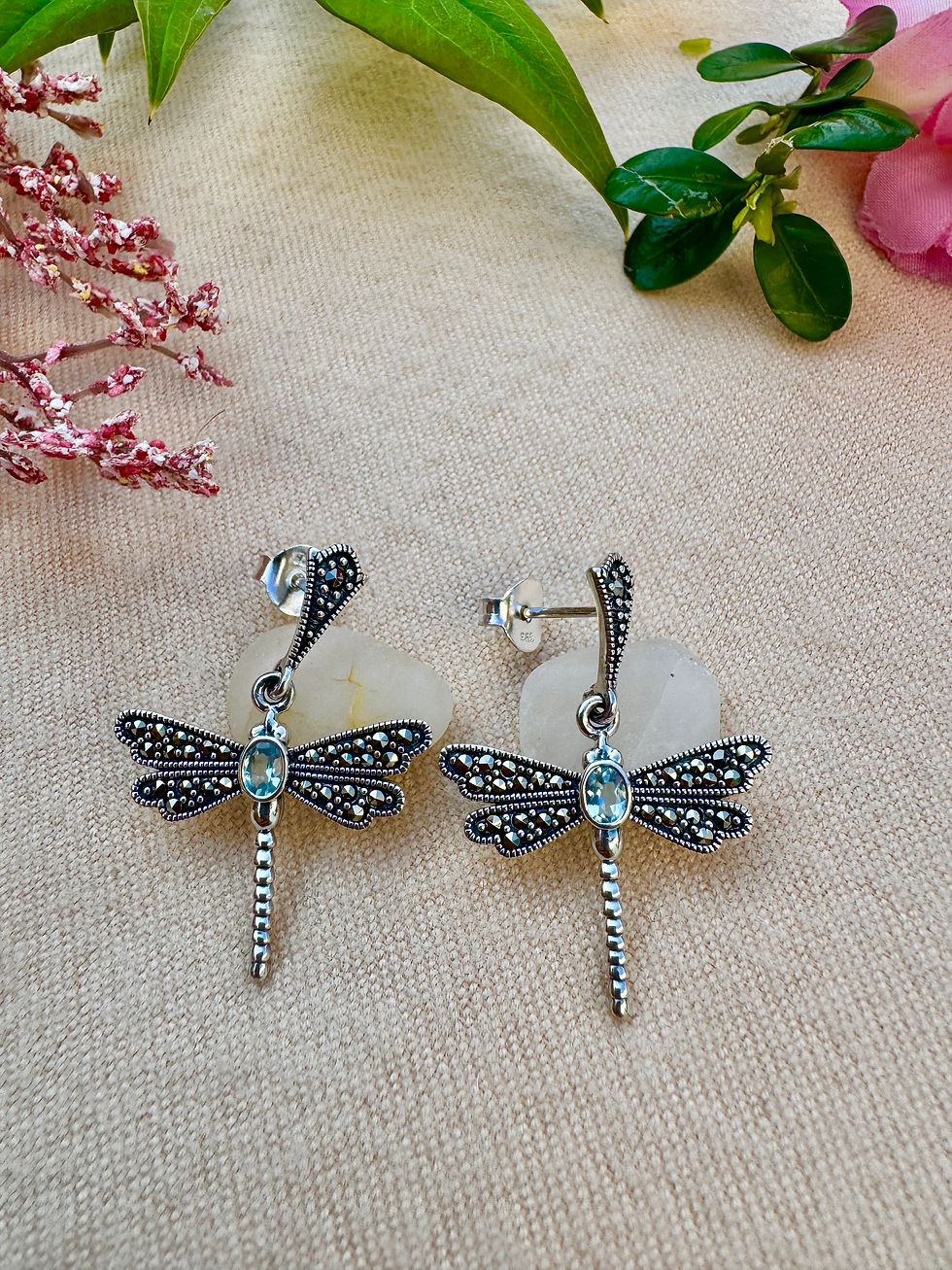Blue Topaz Sterling Silver Marcasite Dragonfly Earrings,handmade, ireland base, fast delivery