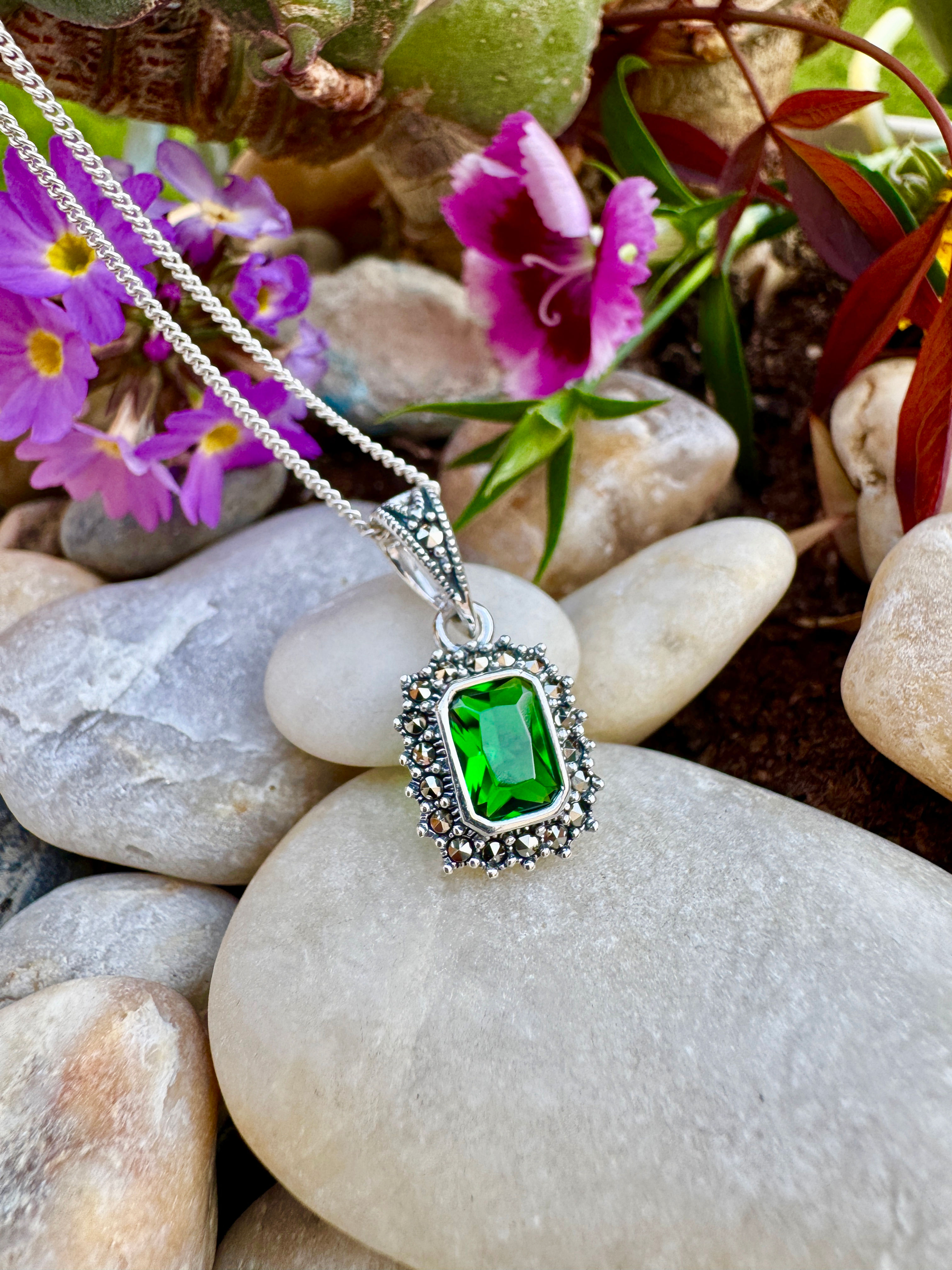 Emerald  Marcasite Halo Sterling Silver Necklace,May birthday necklace, women S925 Necklace gifts, Ireland,