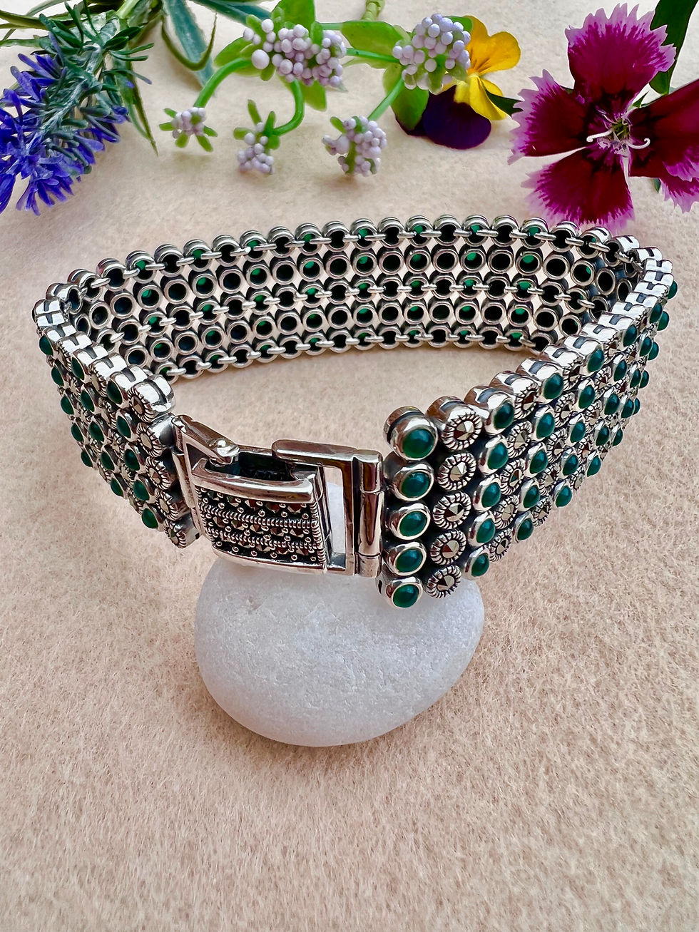 Thumbnail: Green Onyx Marcasite Bracelet