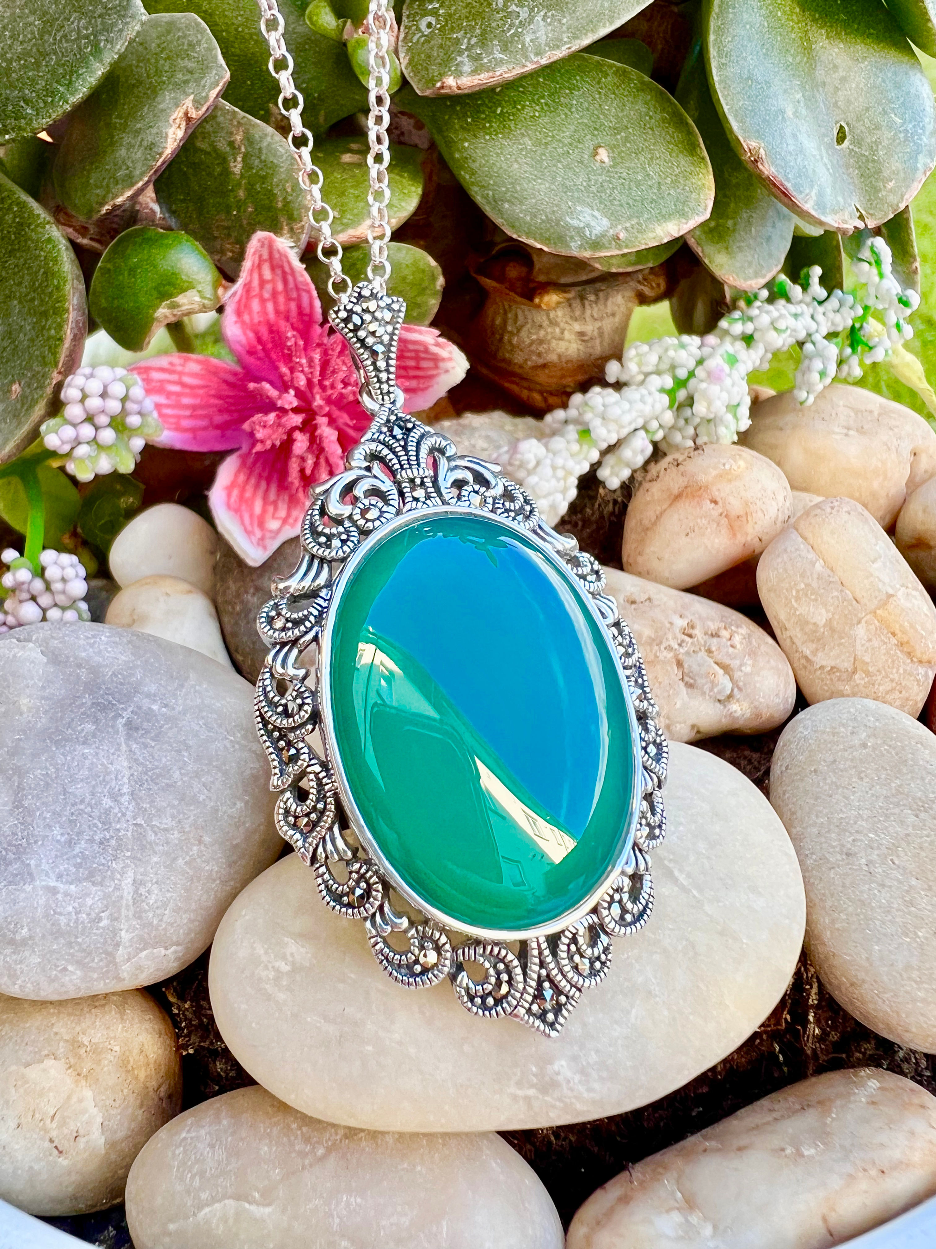 Art Deco Green/ Black Onyx Marcasite Sterling Silver Necklace