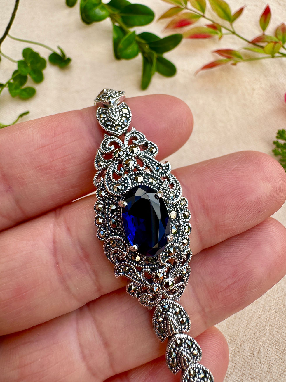 Thumbnail: Art Deco Sapphire Marcasite Sterling Silver Bracelet