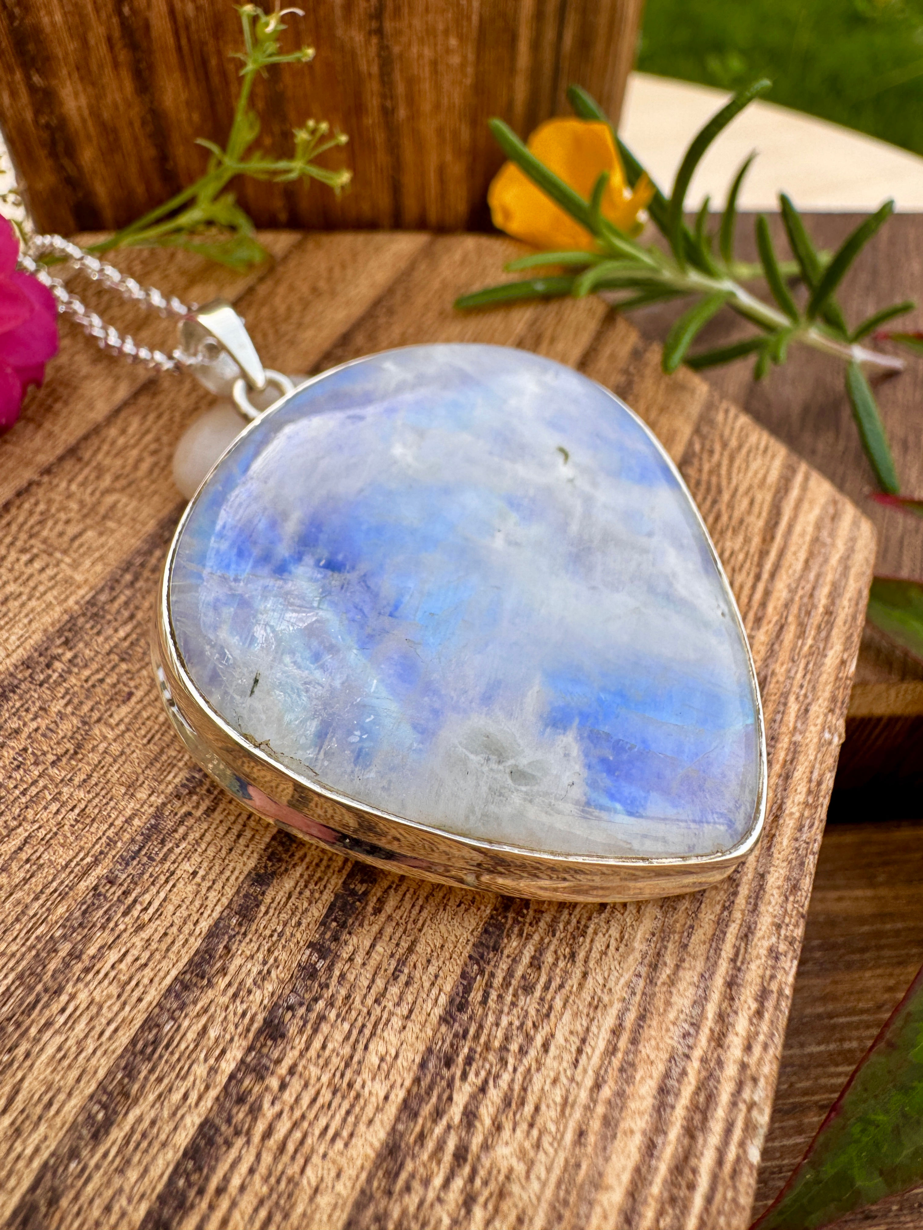 Large Rainbow Moonstone Silver Necklace