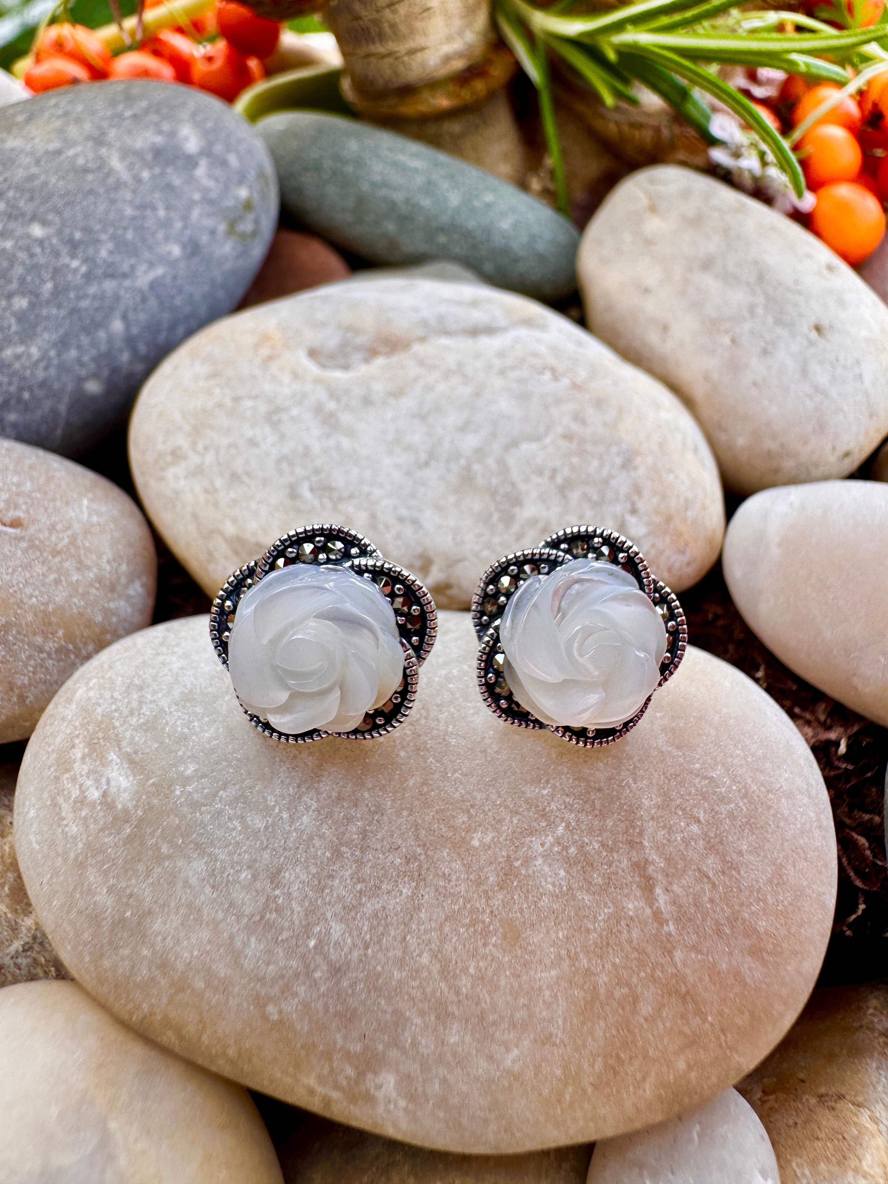Mother of Pearl Sterling Silver Marcasite Rose Earrings