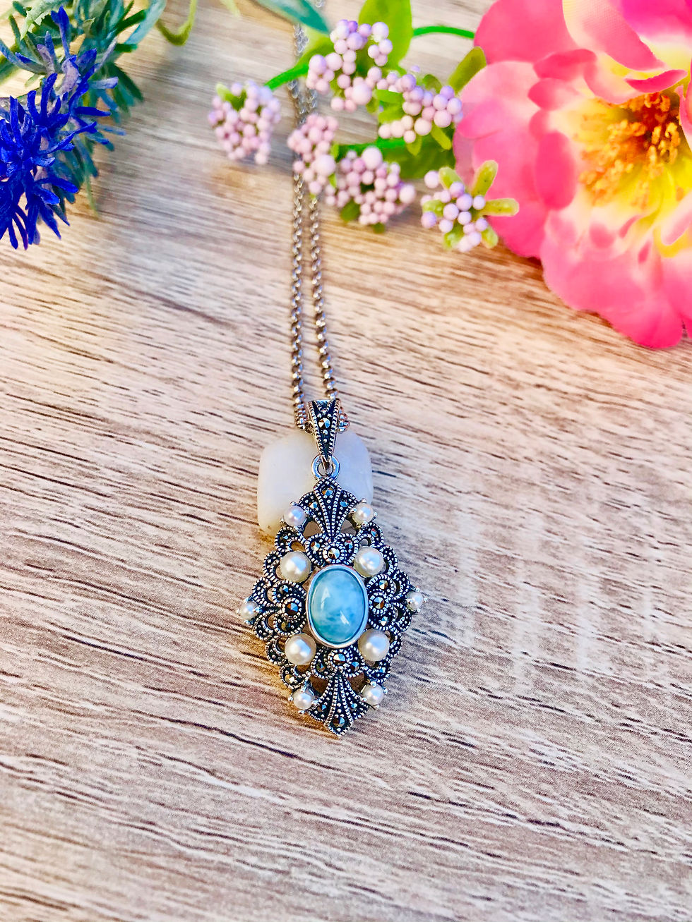 Thumbnail: Larimar & Pearl Silver Marcasite Necklace