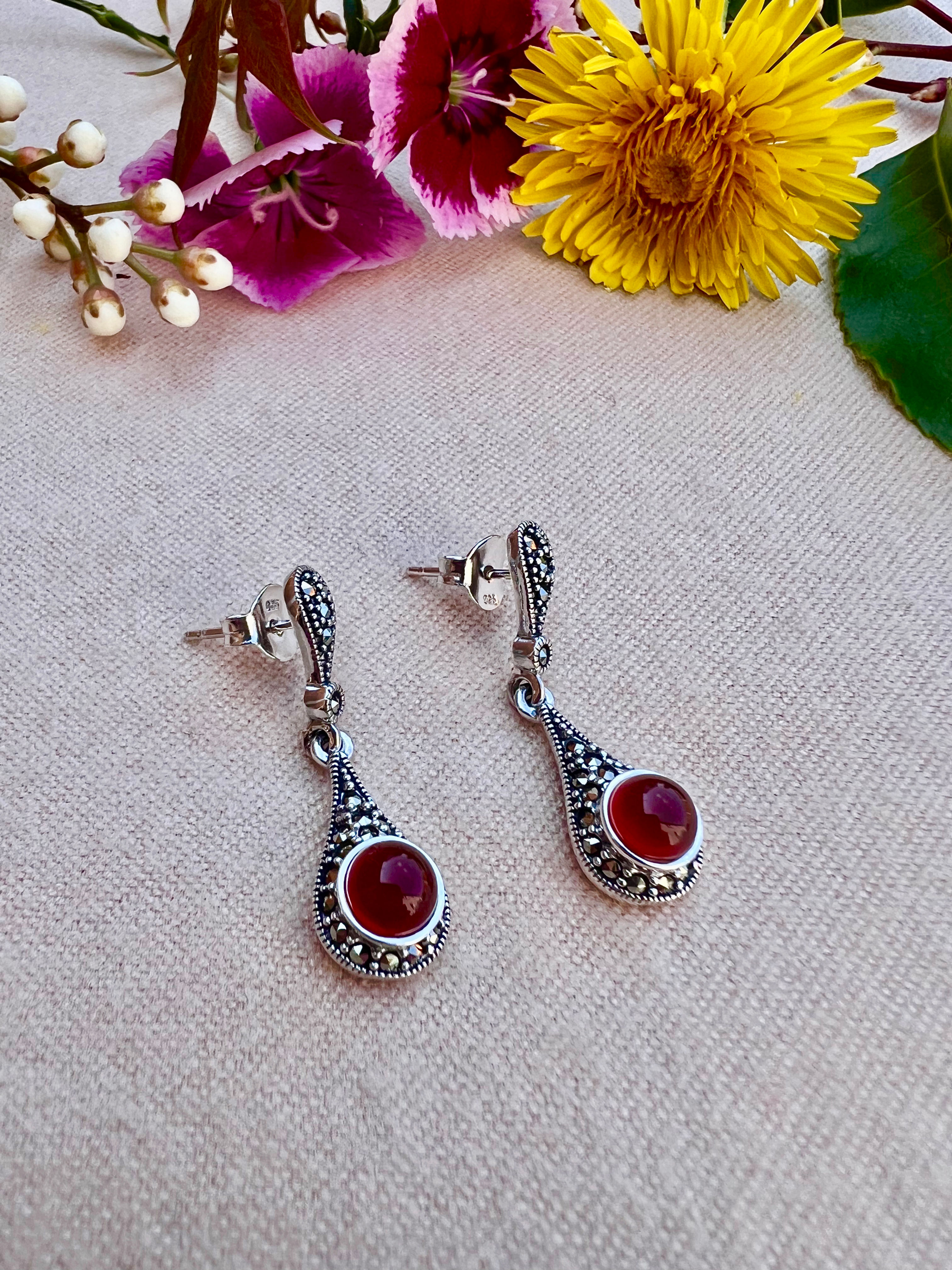 Red Agate Sterling Silver Marcasite Drop Earrings, lady earrings, gifts for her, fast delivery