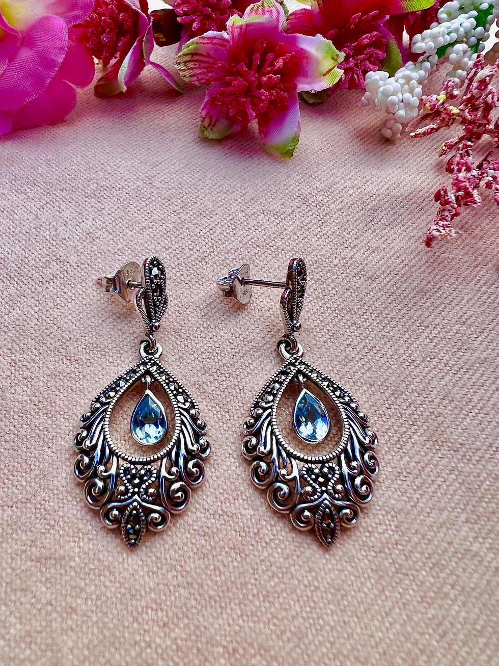 Blue Topaz Sterling Silver Marcasite Earrings,Ireland, Vintage Jewelry