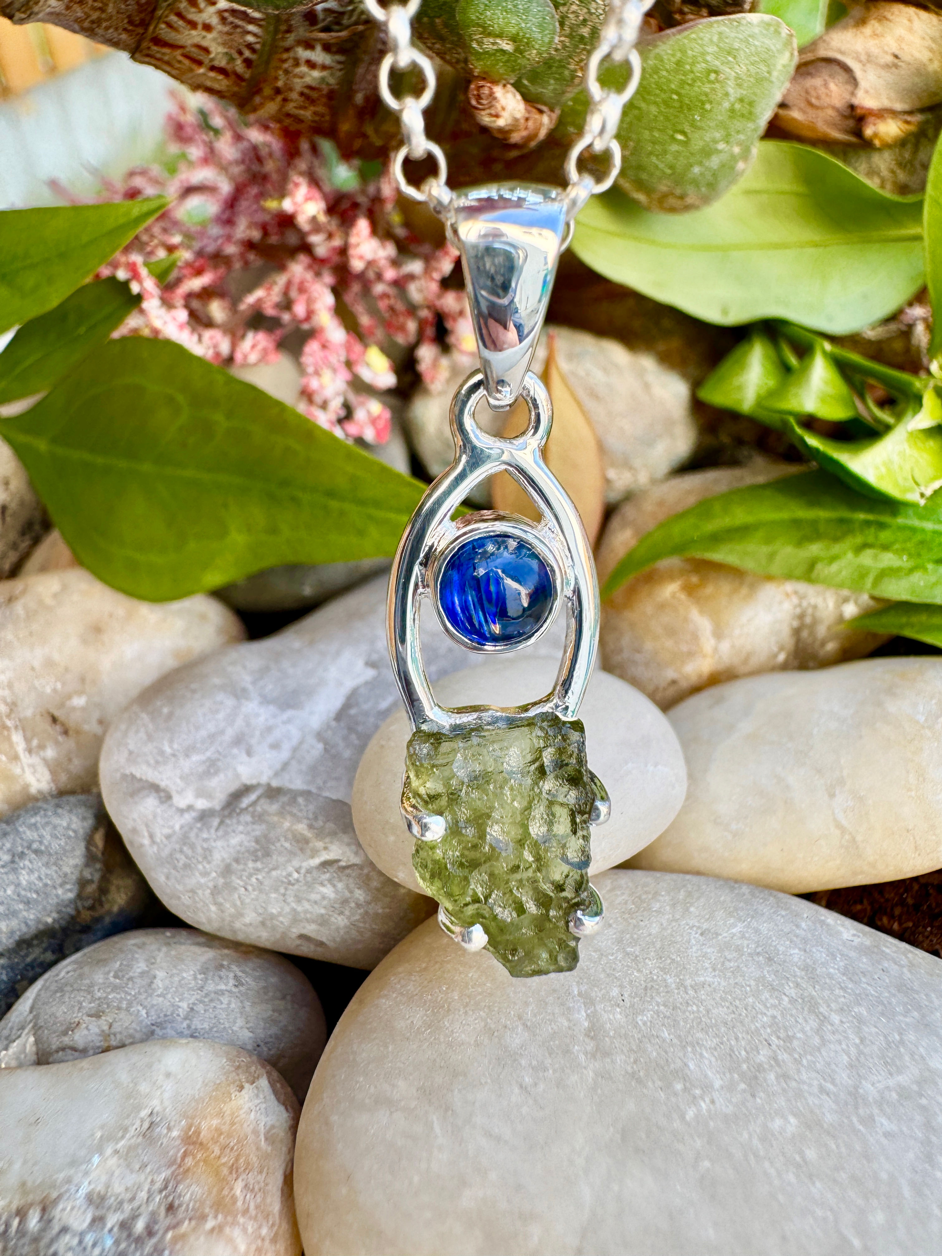 Genuine Moldavite & Blue Kyanite Sterling Silver Necklace