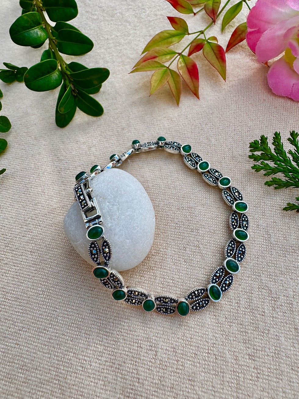 Thumbnail: Green Onyx Marcasite Sterling Silver Bracelet, Christmas gifts, wedding gifts, irish business, fast delivery