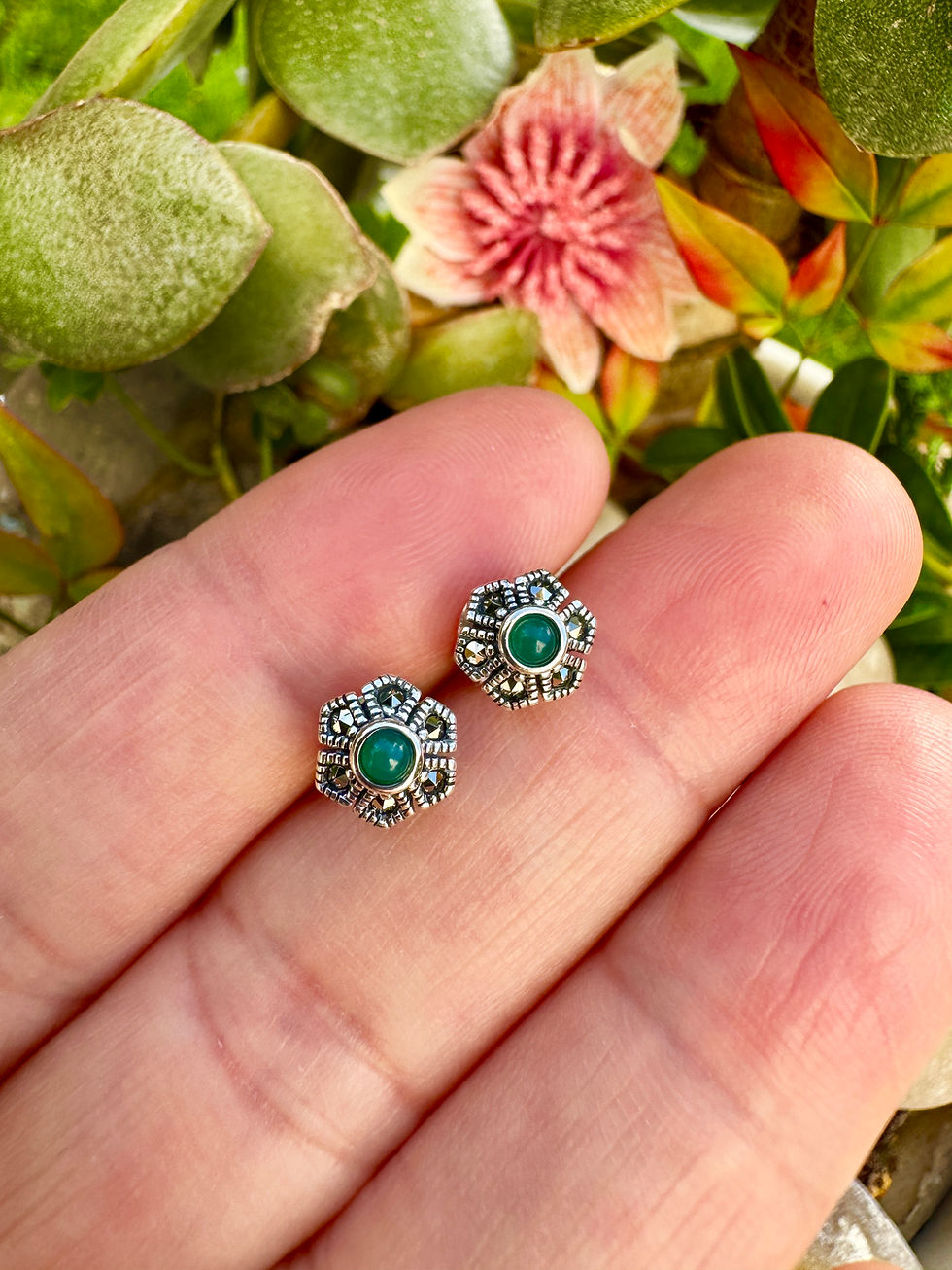 Thumbnail: Mini Flower Green Onyx Silver Marcasite Stud Earrings, Daily earrings, Irish Business, fast delivery
