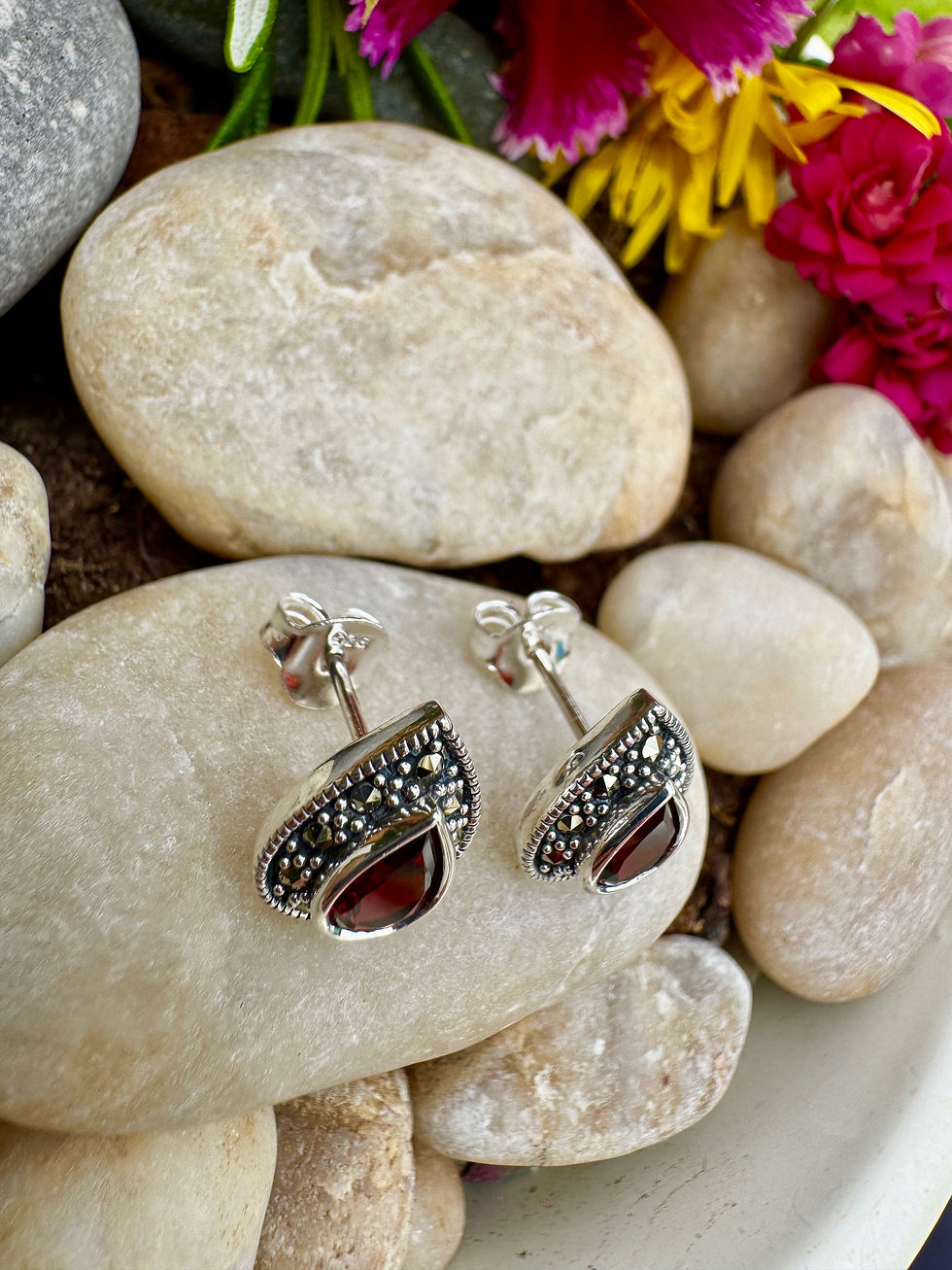 Thumbnail: African Garnet Silver Marcasite Stud Earrings