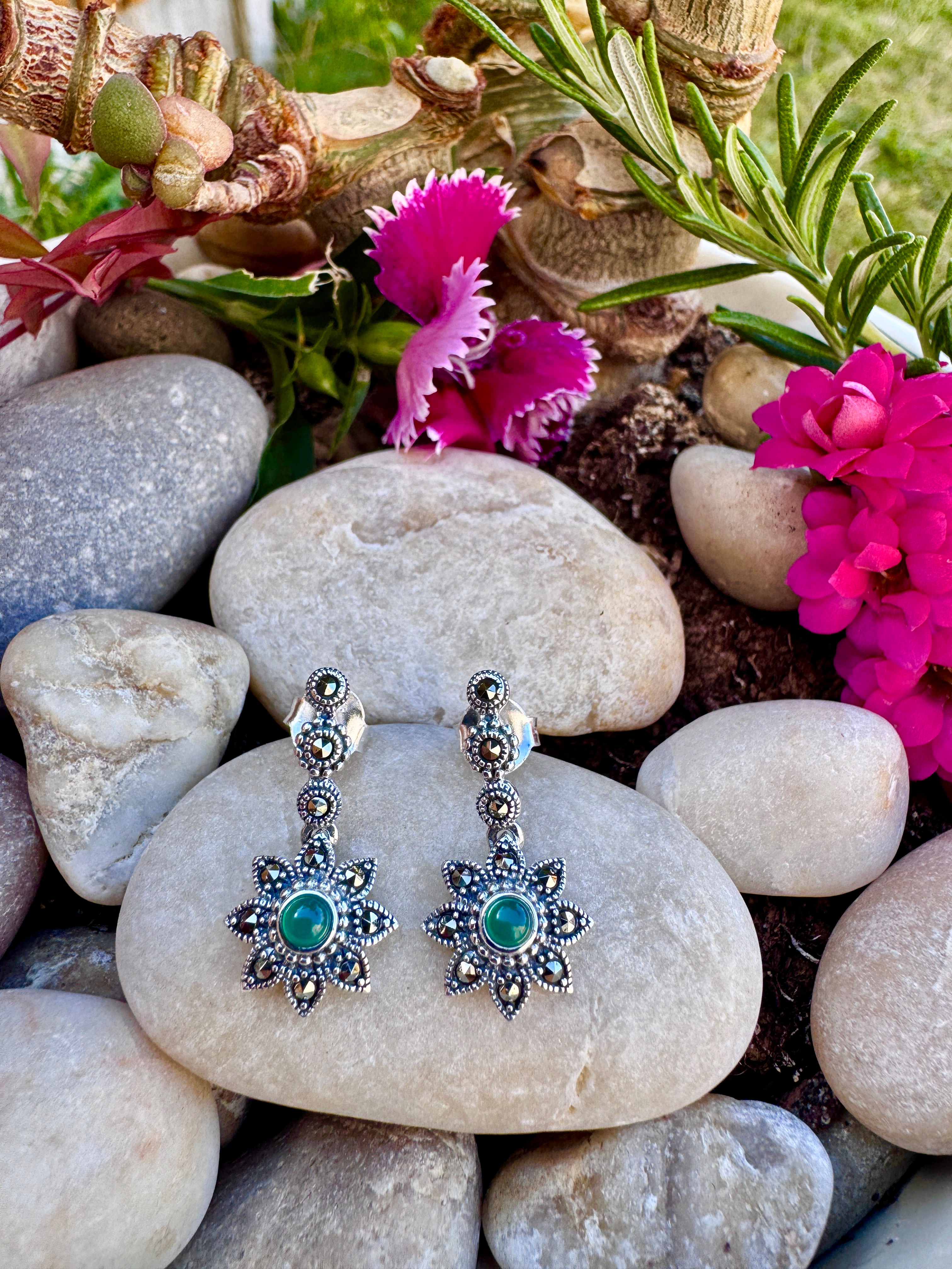 Green Onyx Sunflower Marcasite Sterling Silver Earrings
