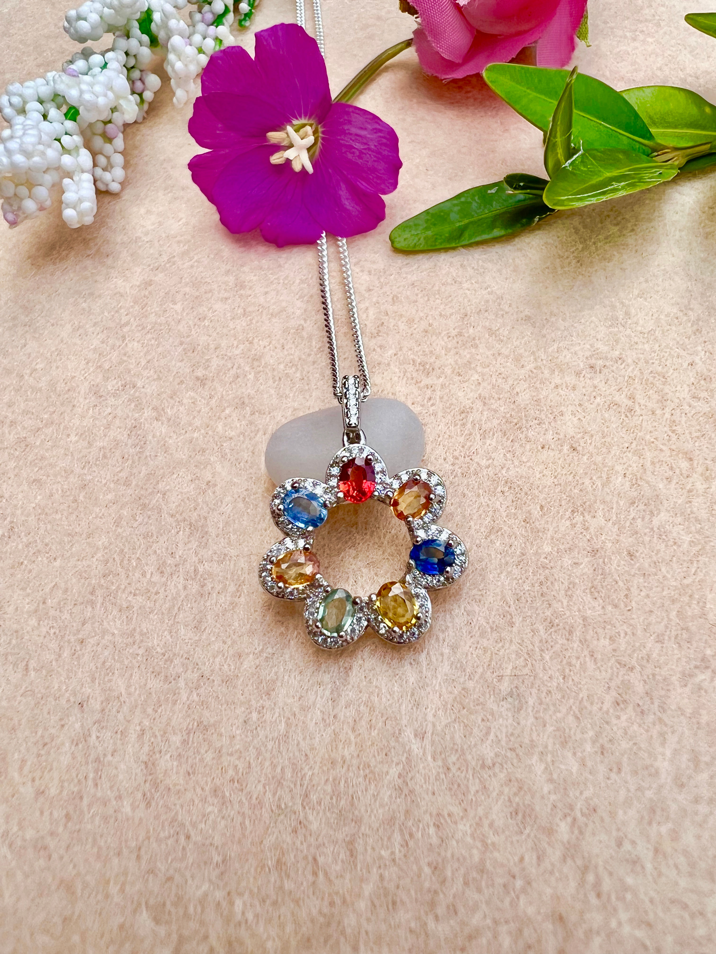 Multi-Color Sri Lankan Sapphire Silver Necklace