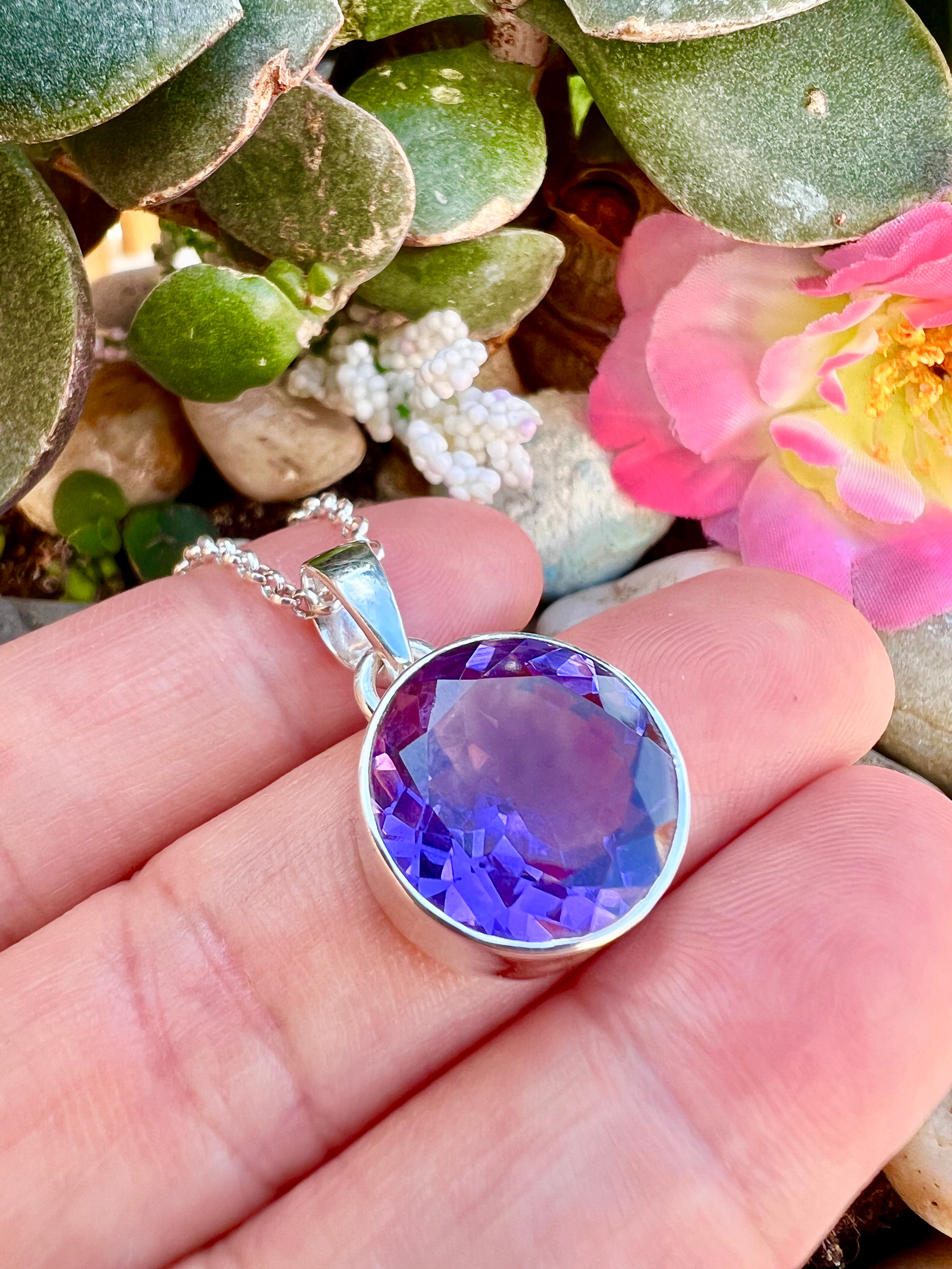 Beautiful  Round Cut Brazilian Amethyst Sterling Silver Necklace, Ireland,