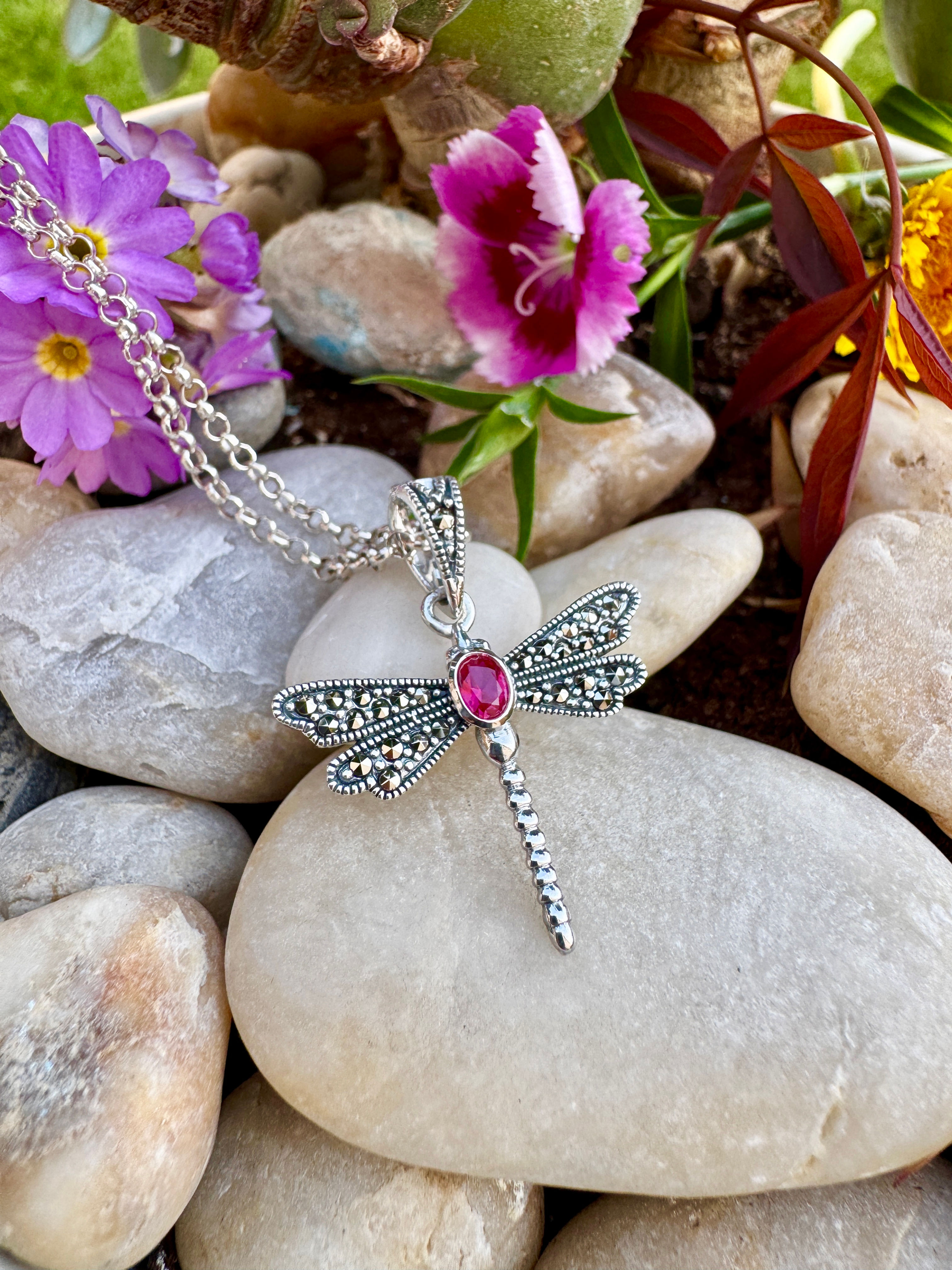 Ruby Marcasite Sterling Silver Dragonfly Necklace