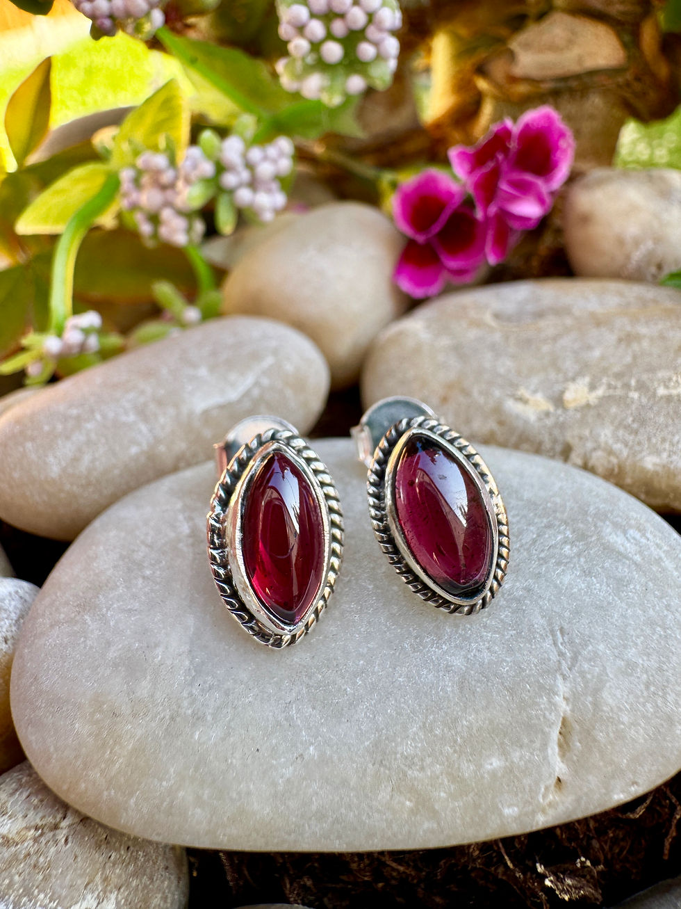 Thumbnail: GarnetCabochon Sterling Silver Stud Earrings