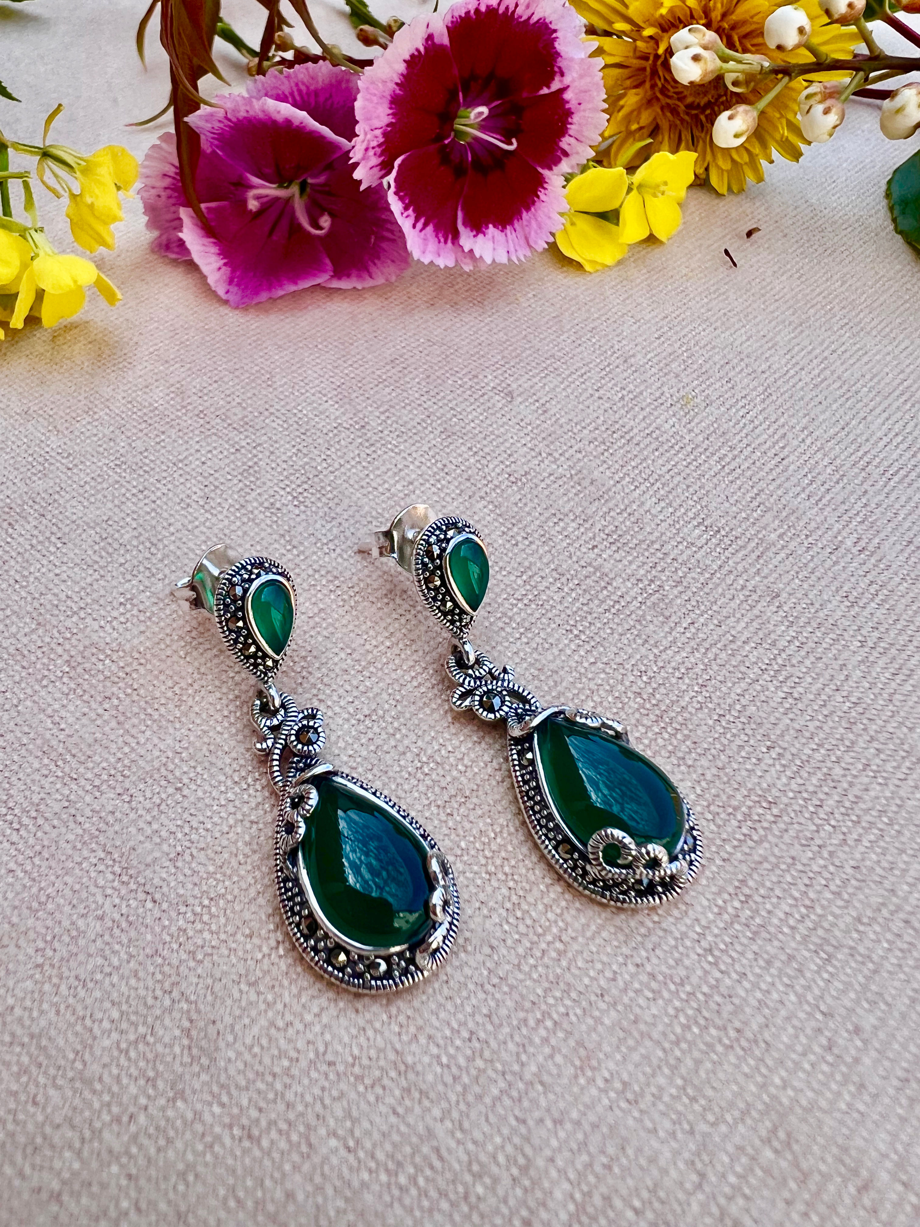 Art Deco Green Onyx  Silver Marcasite Drop EarringsJewellery, Ireland, VINTAGE