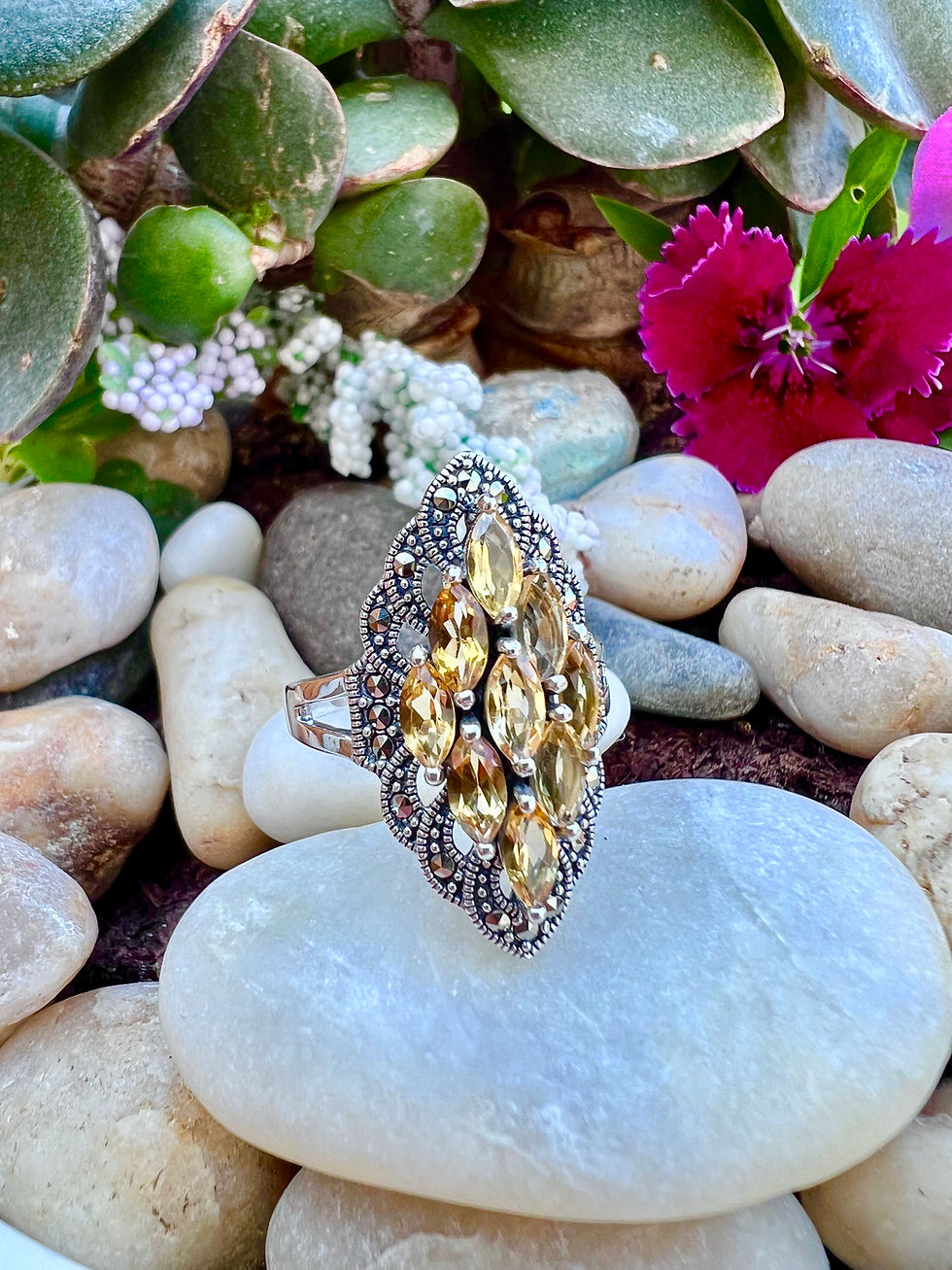 Thumbnail: Art Deco Citrine Marcasite Sterling Silver Ring