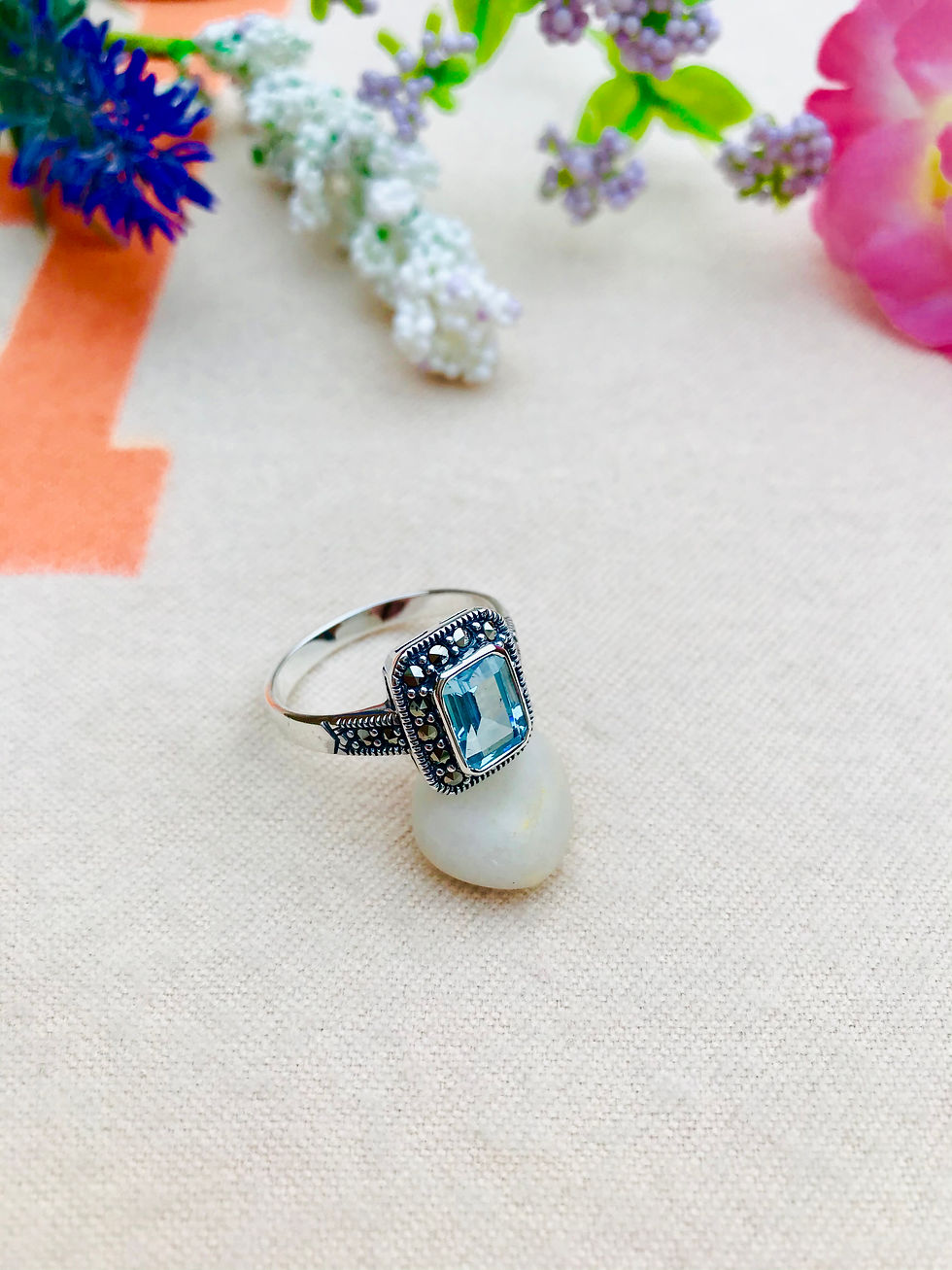 Blue Topaz Marcasite Silver Ring
