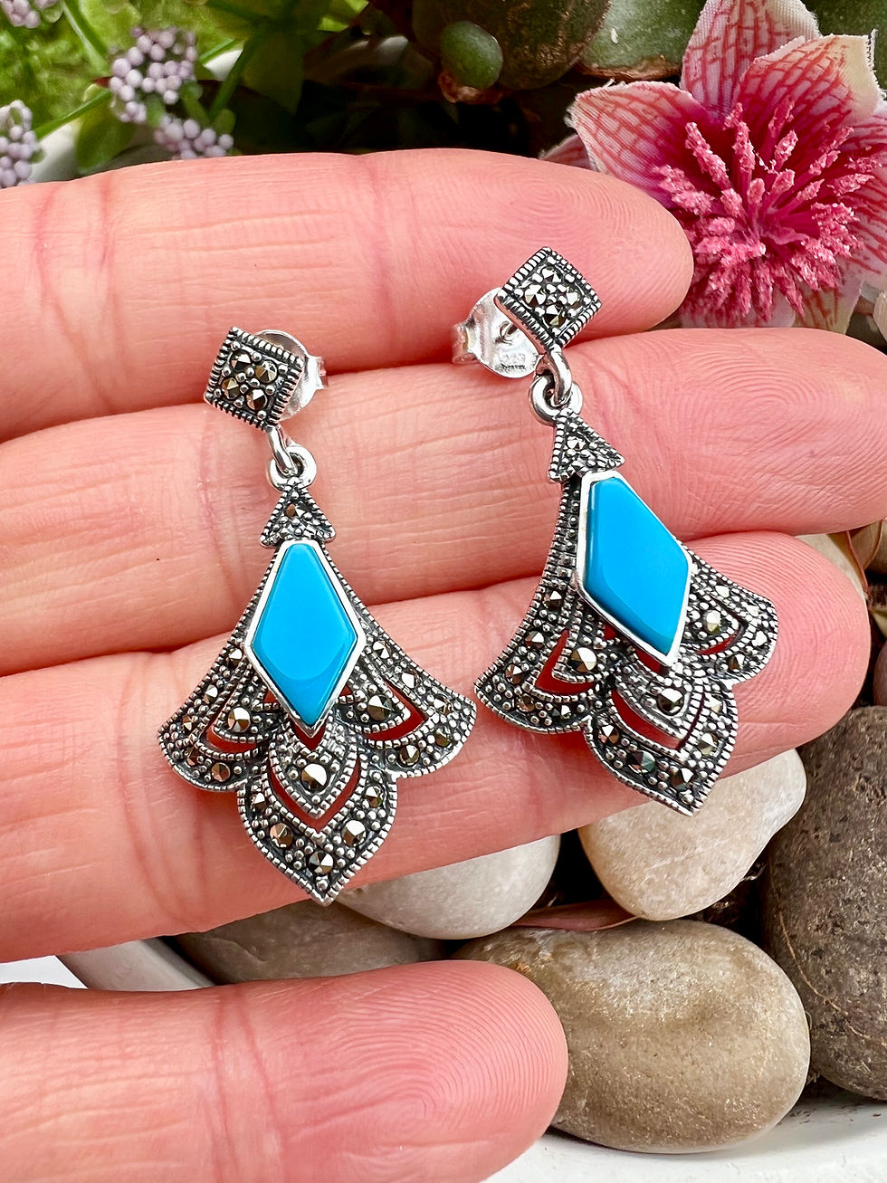 Thumbnail: Turquoise Sterling Silver Marcasite Earrings,925 Silver