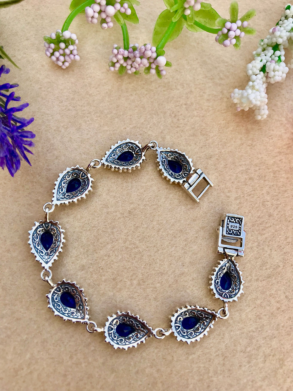 Thumbnail: Created Sapphire  Marcasite Art Deco Silver Bracelet