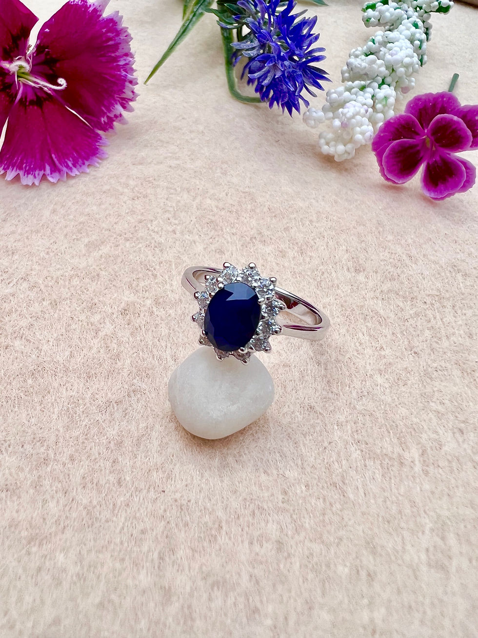 Thumbnail: Semi Precious Sapphire Halo Silver Ring