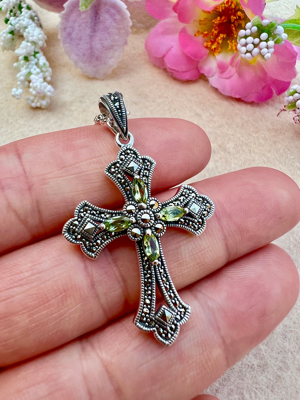Thumbnail: Peridot Marcasite Cross Sterling Silver Necklace