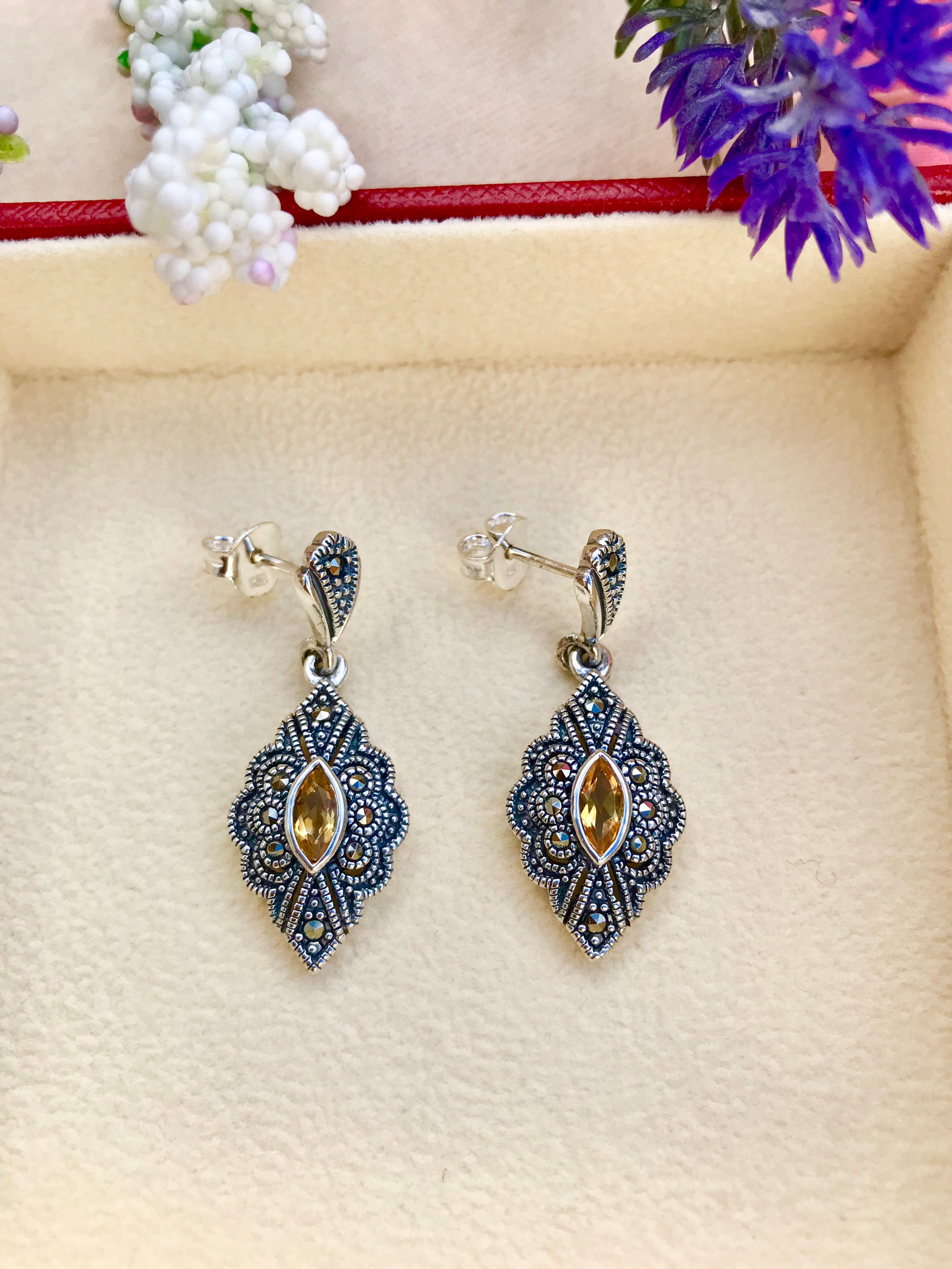 Citrine Marcasite Silver Earrings
