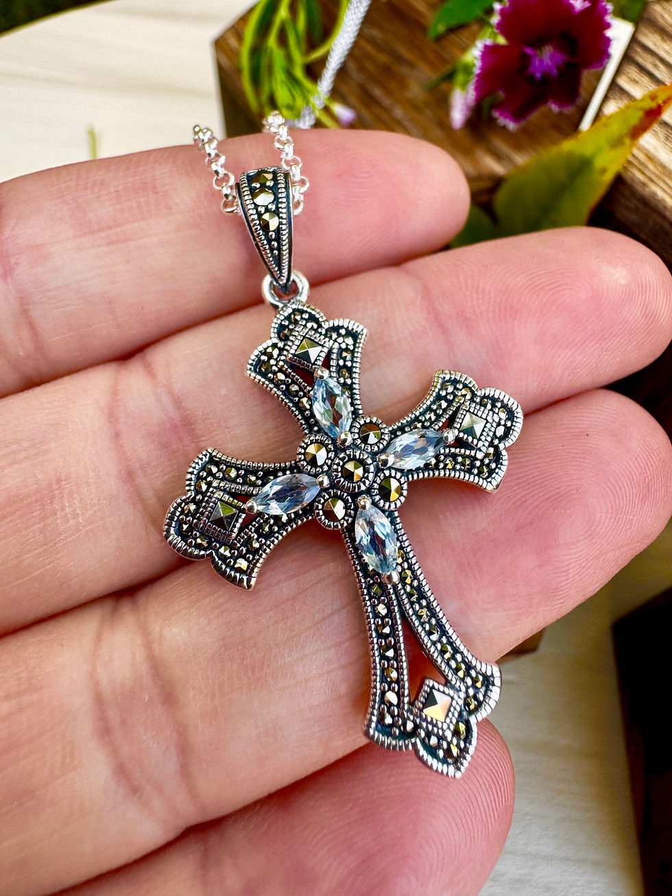 Thumbnail: Blue Topaz Marcasite Cross Sterling Silver Necklace