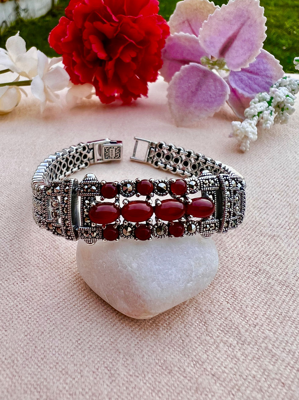 Thumbnail: Art Deco Red Agate Marcasite Sterling Silver Bracelet