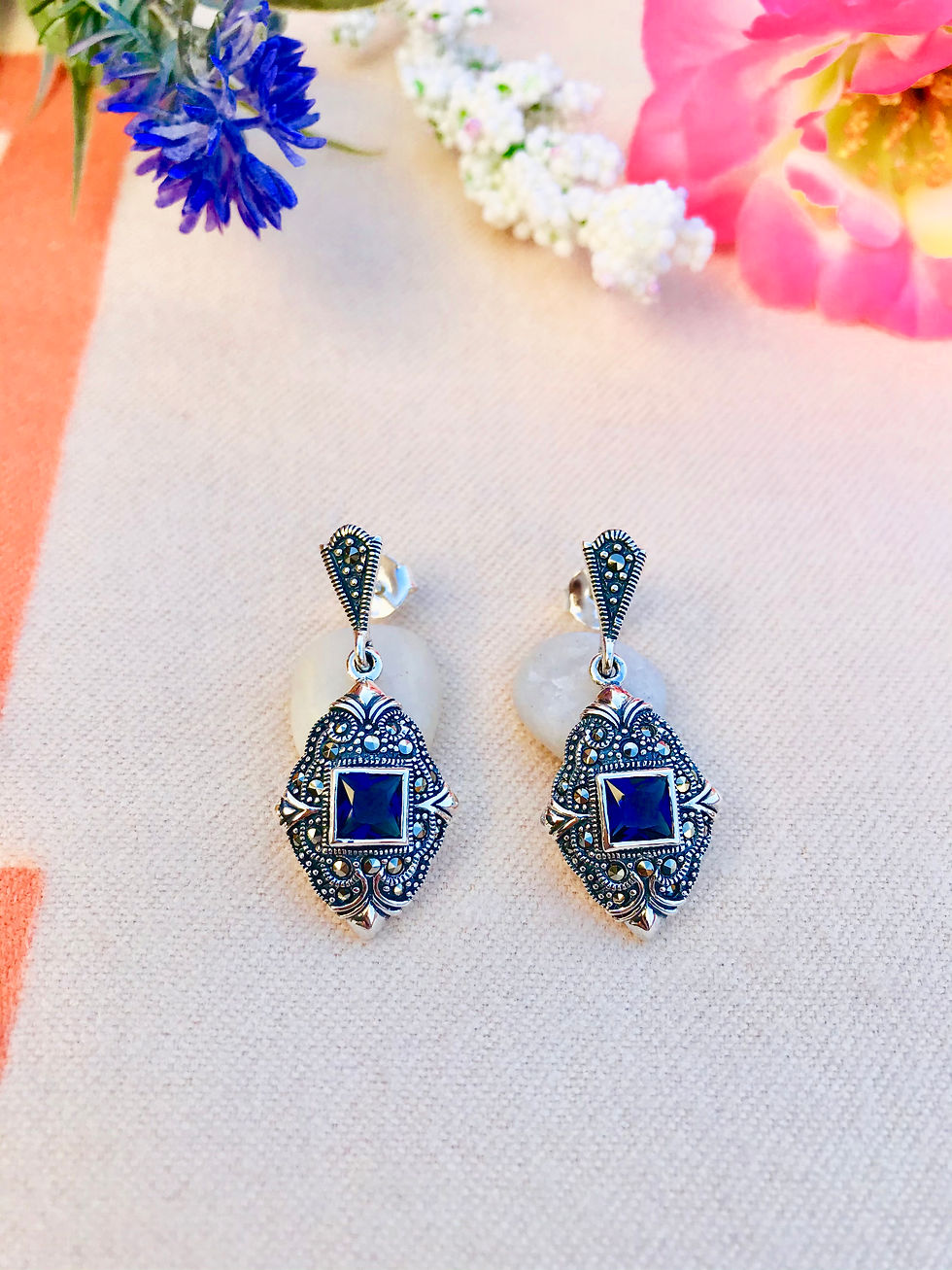 Created Sapphire Marcasite Earrings