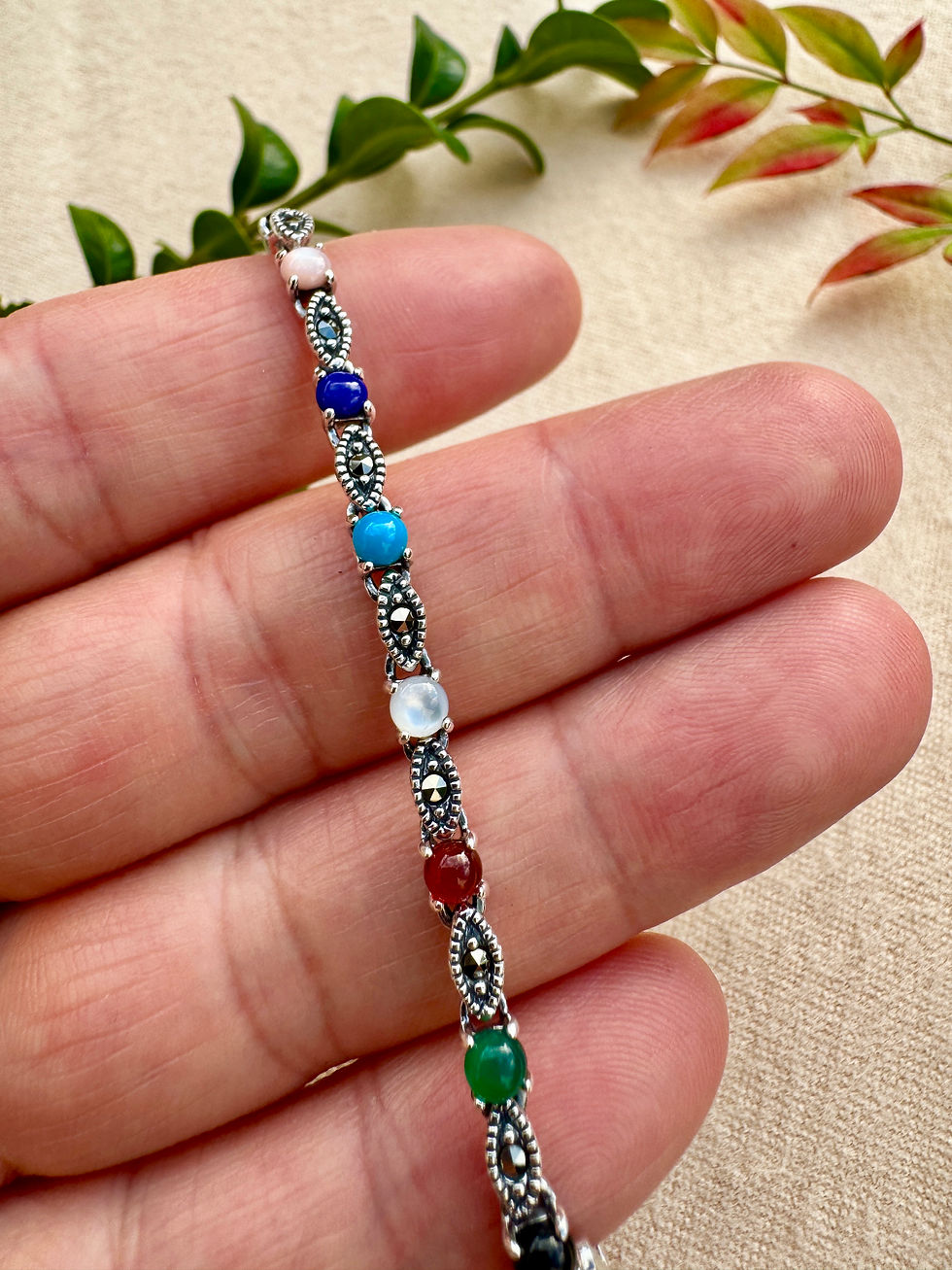 Thumbnail: Multi-Gemstone Sterling Silver Marcasite Bracelet