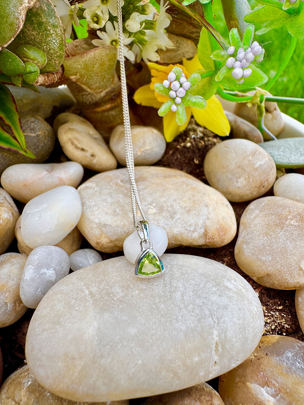 Thumbnail: Brilliant Trillion Cut Peridot bezel set in Silver Necklace ,necklace for daily wear, great as gift, fast delivery