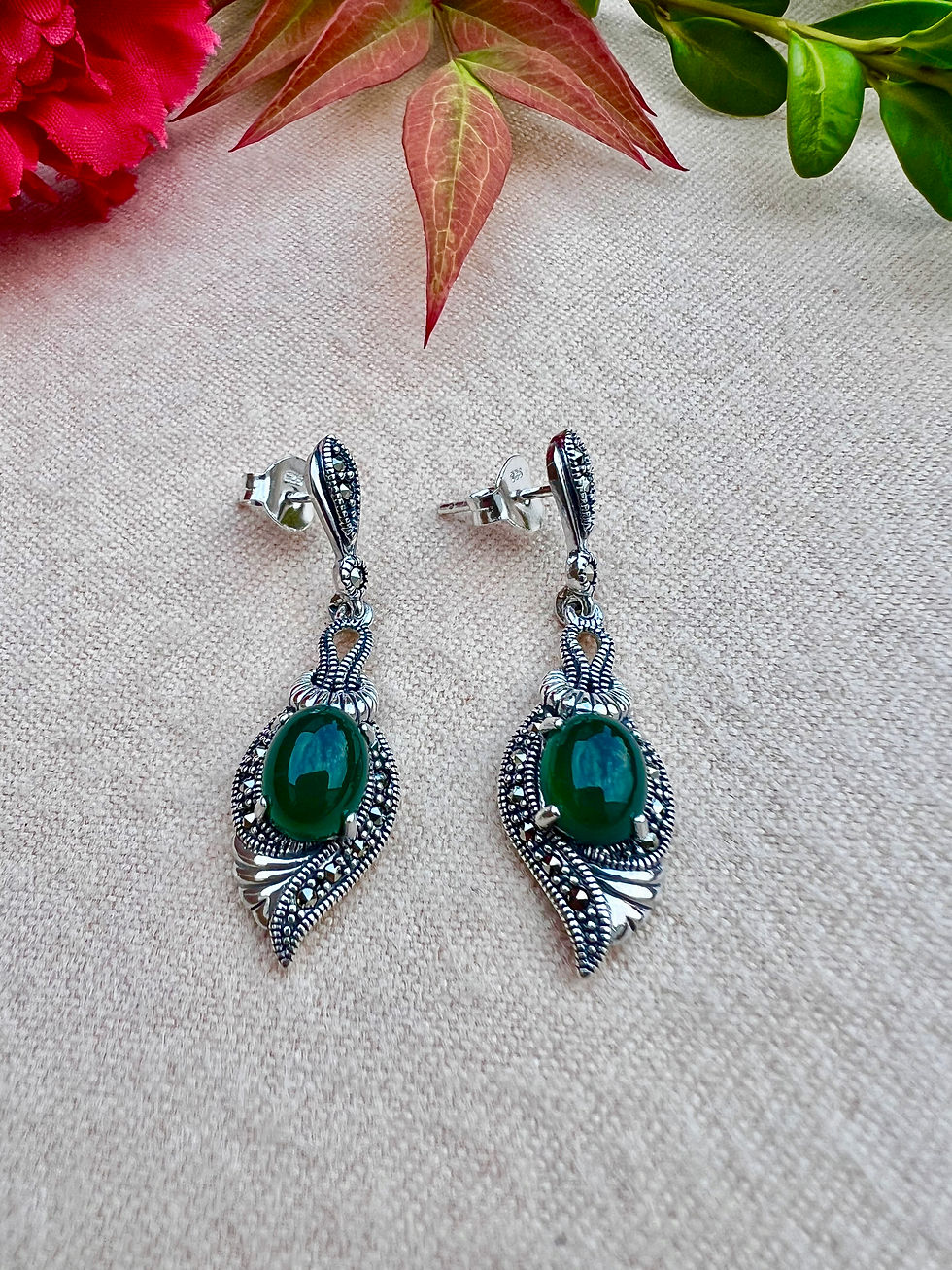 Vintage Green Onyx Sterling Silver Marcasite Earrings,Ireland, fast delivery