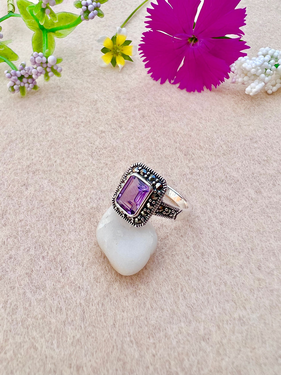 Rose de France Amethyst & Marcasite Silver Ring