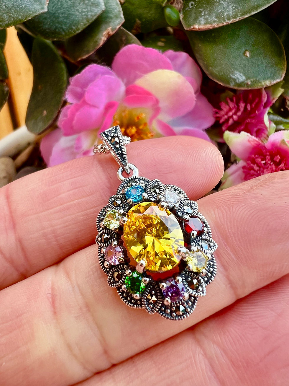 Thumbnail: Multi Color Cubic Zirconia Sterling Silver Marcasite Necklace